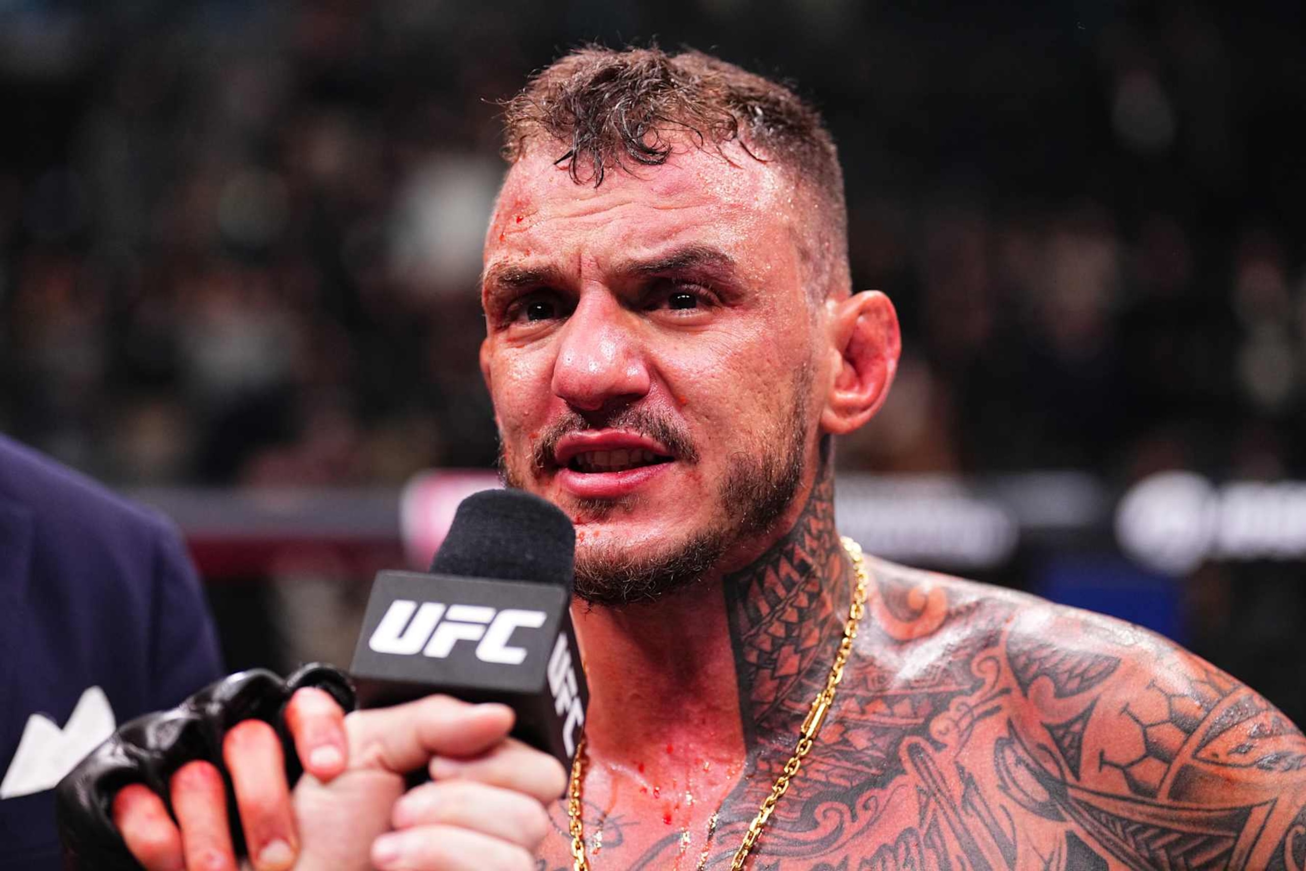 Renato Moicano reacts after his victory against Benoit Saint Denis