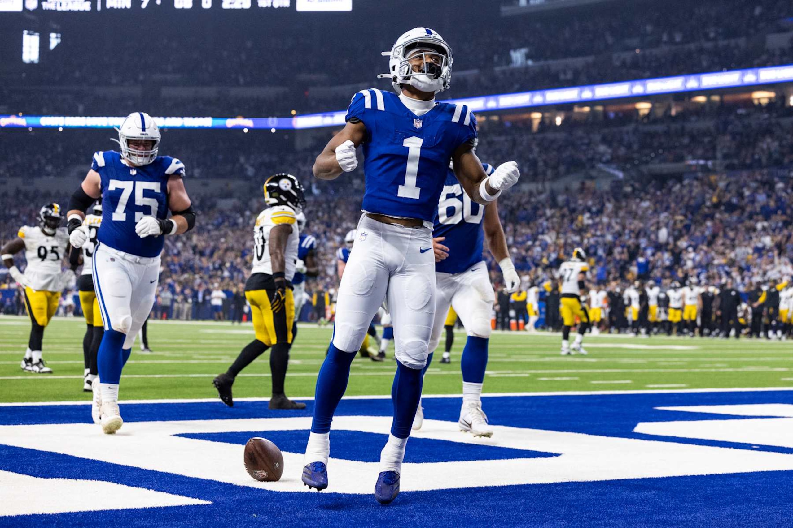 INDIANAPOLIS, INDIANA - SEPTEMBER 29: Josh Downs #1 of the Indianapolis Colts celebrates after scoring a touchdown during the first quarter of the game against the Pittsburgh Steelers at Lucas Oil Stadium on September 29, 2024 in Indianapolis, Indiana. The Colts beat the Steelers 27-24. (Photo by Lauren Leigh Bacho/Getty Images) INDIANAPOLIS, INDIANA - SEPTEMBER 29: Josh Downs #1 of the Indianapolis Colts celebrates after scoring a touchdown during the first quarter of the game against the Pittsburgh Steelers at Lucas Oil Stadium on September 29, 2024 in Indianapolis, Indiana. The Colts beat the Steelers 27-24. (Photo by Lauren Leigh Bacho/Getty Images)