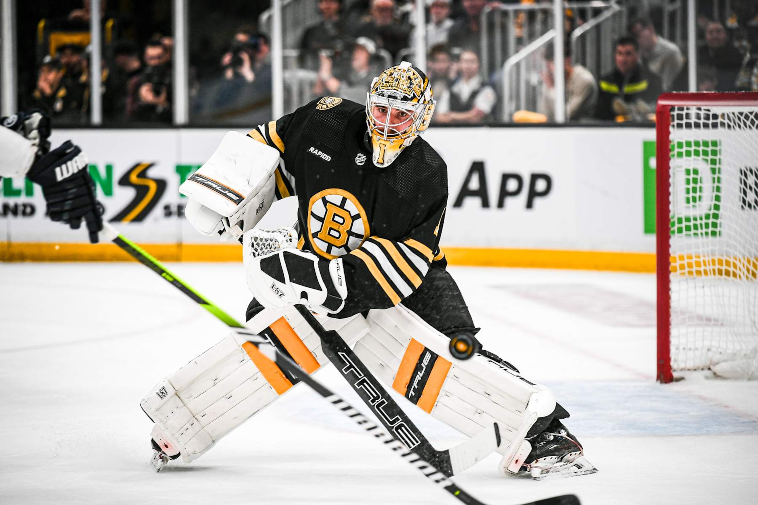 BOSTON, MASSACHUSETTS - MAY 12: Jeremy Swayman #1 of the Boston Bruins tends the net against the Florida Panthers in Game Four of the Second Round of the 2024 Stanley Cup Playoffs at TD Garden on May 12, 2024 in Boston, Massachusetts. (Photo by China Wong/NHLI via Getty Images)