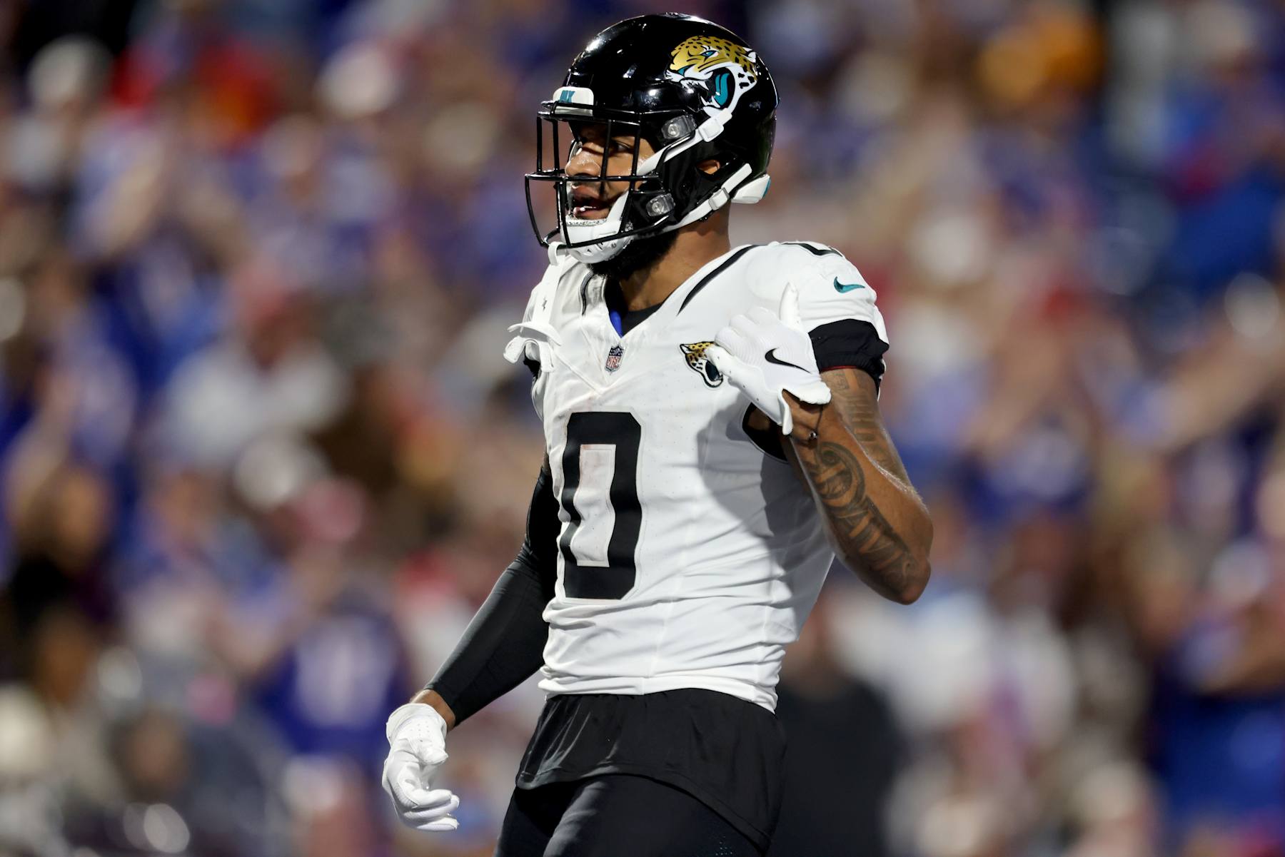 ORCHARD PARK, NEW YORK - SEPTEMBER 23: Gabe Davis #0 of the Jacksonville Jaguars looks on during the fourth quarter against the Buffalo Bills at Highmark Stadium on September 23, 2024 in Orchard Park, New York. (Photo by Bryan Bennett/Getty Images)