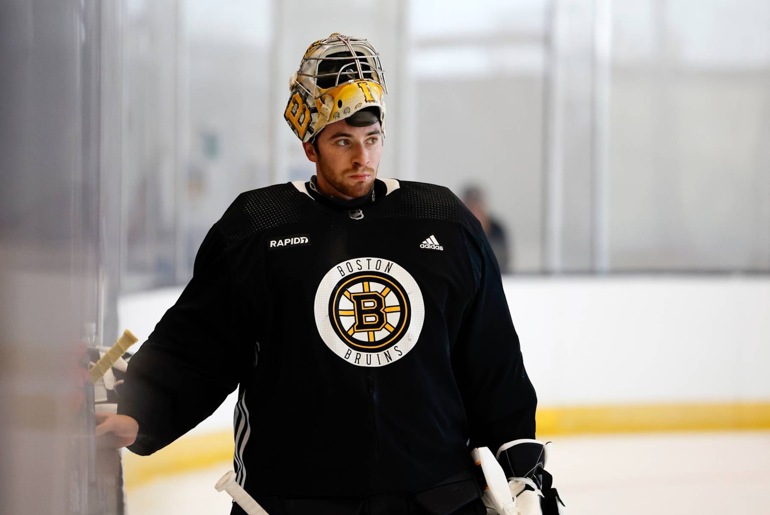 BRIGHTON, MA - SEPTEMBER 05: Boston Bruins goalie Jeremy Swayman (1) during Boston Bruins Captain's Practice on September 5, 2024 at Warrior Ice Arena in Brighton, Massachusetts. (Photo by Fred Kfoury III/Icon Sportswire via Getty Images)