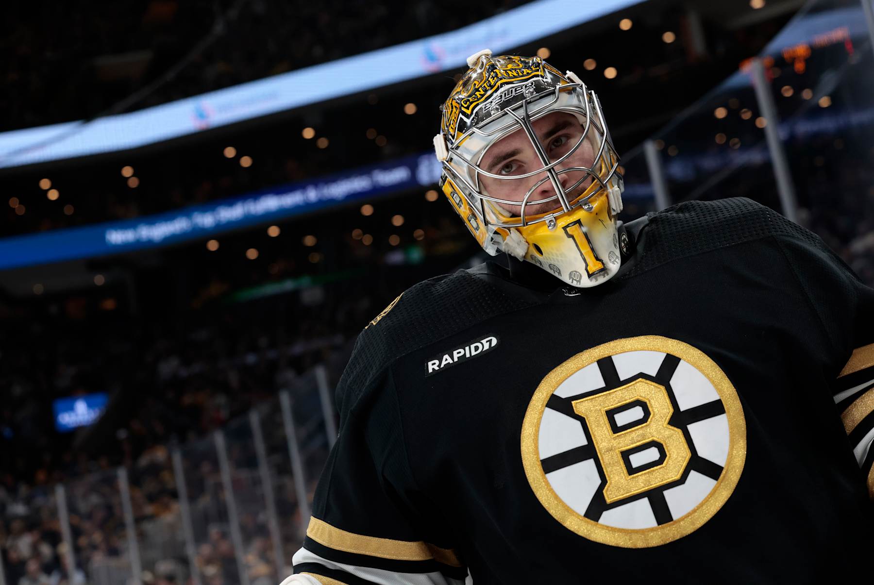 BOSTON, MA - JANUARY 18: Boston Bruins goalie Jeremy Swayman (1) during a game between the Boston Bruins and the Colorado Avalanche on January 18, 2024, at TD Garden in Boston, Massachusetts. (Photo by Fred Kfoury III/Icon Sportswire via Getty Images)