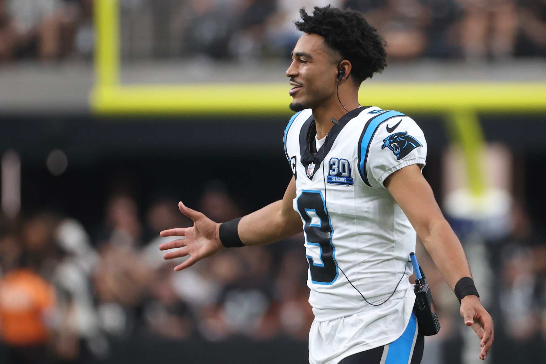 LAS VEGAS, NEVADA - SEPTEMBER 22: Bryce Young #9 of the Carolina Panthers looks on during the first quarter of a game against the Las Vegas Raiders at Allegiant Stadium on September 22, 2024 in Las Vegas, Nevada. (Photo by Ian Maule/Getty Images) LAS VEGAS, NEVADA - SEPTEMBER 22: Bryce Young #9 of the Carolina Panthers looks on during the first quarter of a game against the Las Vegas Raiders at Allegiant Stadium on September 22, 2024 in Las Vegas, Nevada. (Photo by Ian Maule/Getty Images)