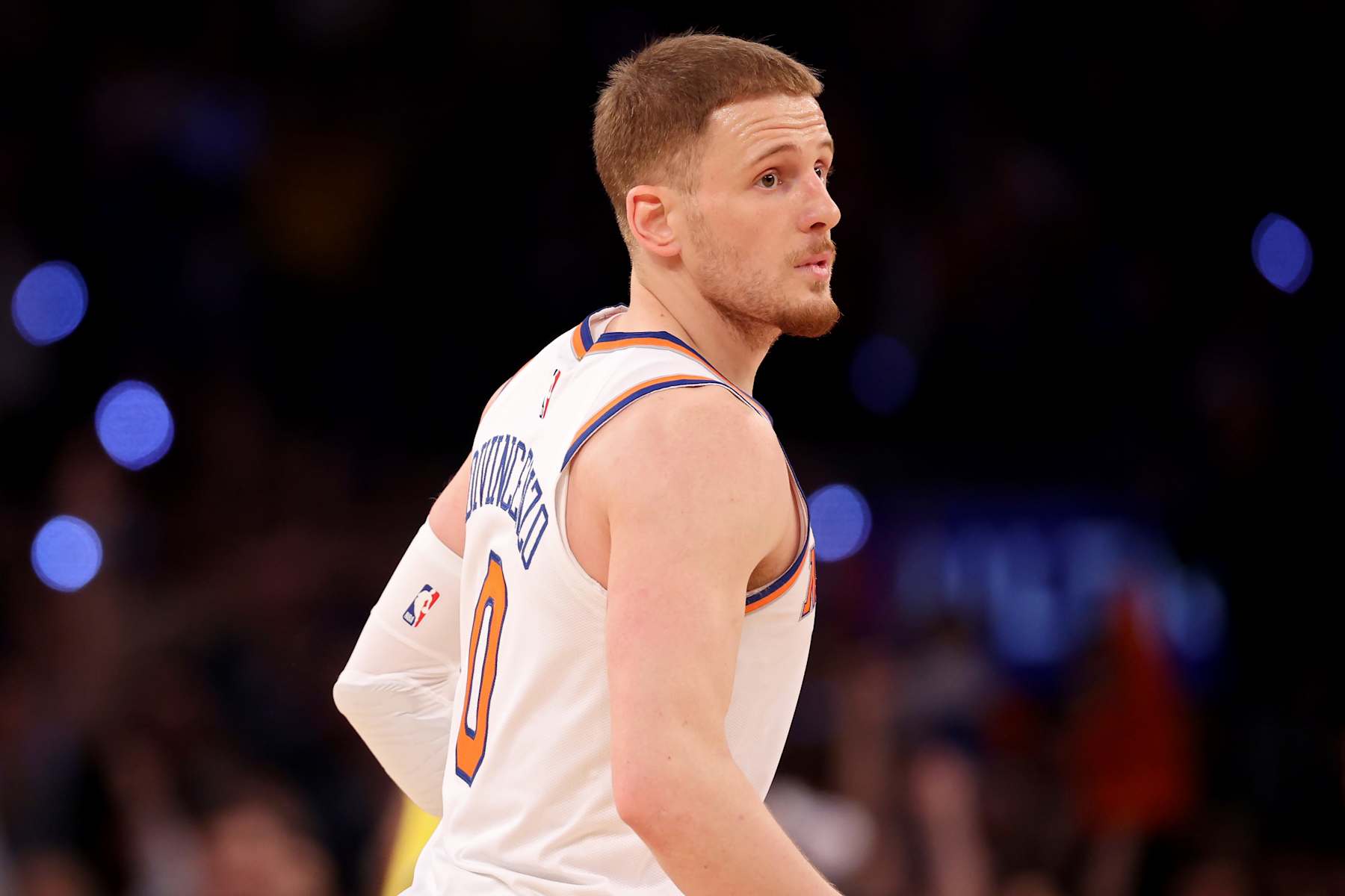 NEW YORK, NEW YORK - MAY 19: Donte DiVincenzo #0 of the New York Knicks celebrates after making a shot in the third quarter against the Indiana Pacers in Game Seven of the Eastern Conference Second Round Playoffs at Madison Square Garden on May 19, 2024 in New York City. NOTE TO USER: User expressly acknowledges and agrees that, by downloading and or using this photograph, User is consenting to the terms and conditions of the Getty Images License Agreement. (Photo by Elsa/Getty Images)