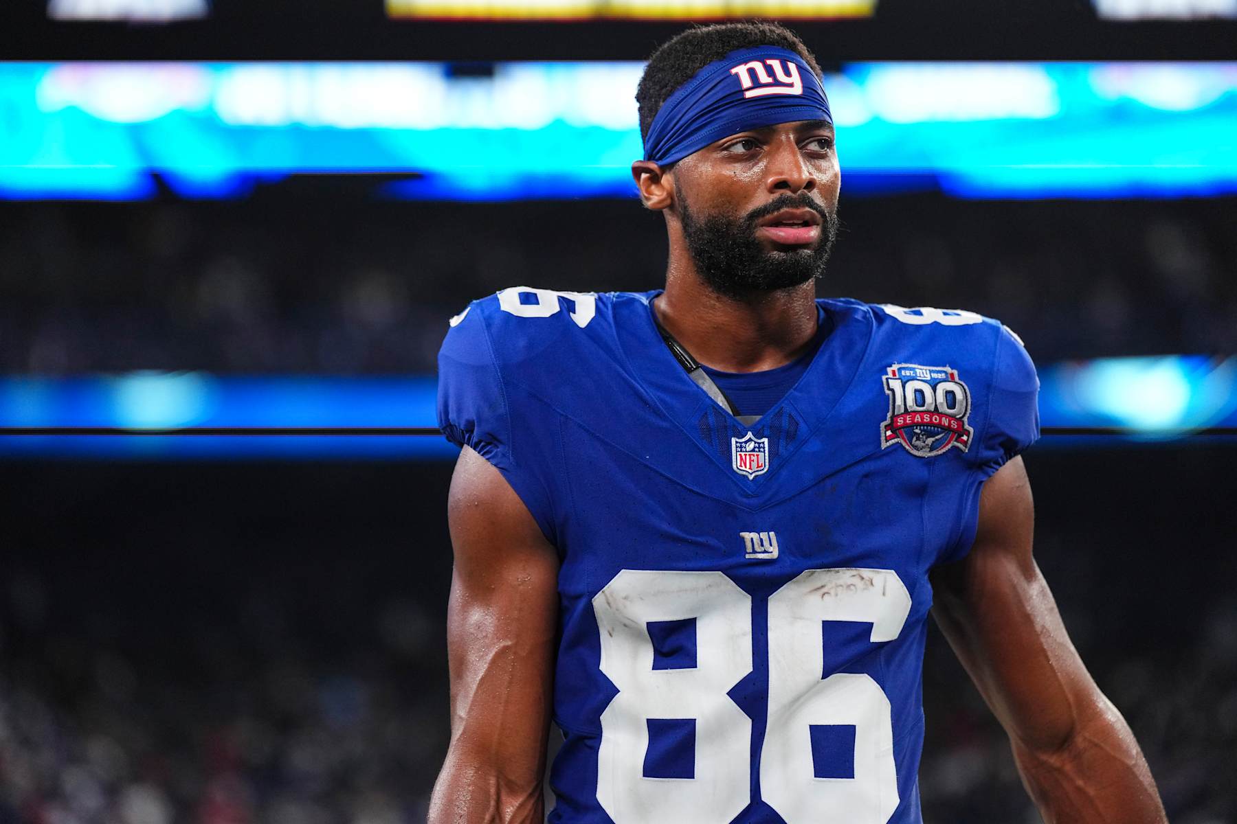 EAST RUTHERFORD, NJ - SEPTEMBER 26: Darius Slayton #86 of the New York Giants walks off of the field after an NFL football game against the Dallas Cowboys at MetLife Stadium on September 26, 2024 in East Rutherford, New Jersey. (Photo by Cooper Neill/Getty Images) EAST RUTHERFORD, NJ - SEPTEMBER 26: Darius Slayton #86 of the New York Giants walks off of the field after an NFL football game against the Dallas Cowboys at MetLife Stadium on September 26, 2024 in East Rutherford, New Jersey. (Photo by Cooper Neill/Getty Images)