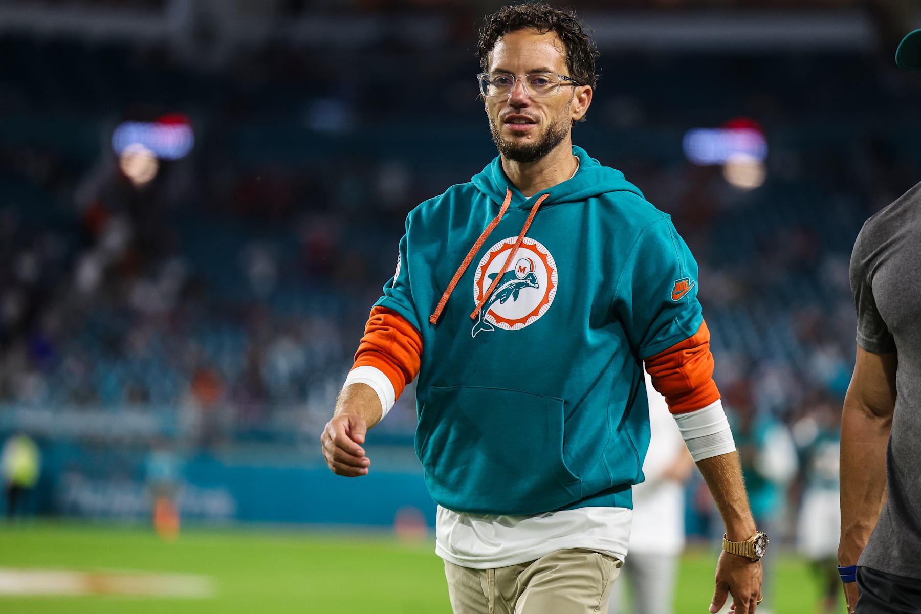 MIAMI GARDENS, FL - SEPTEMBER 12: Mike McDaniel of the Miami Dolphins looks on prior to an NFL football game against the Buffalo Bills at Hard Rock Stadium on September 12, 2024 in Miami Gardens, FL. (Photo by Perry Knotts/Getty Images)