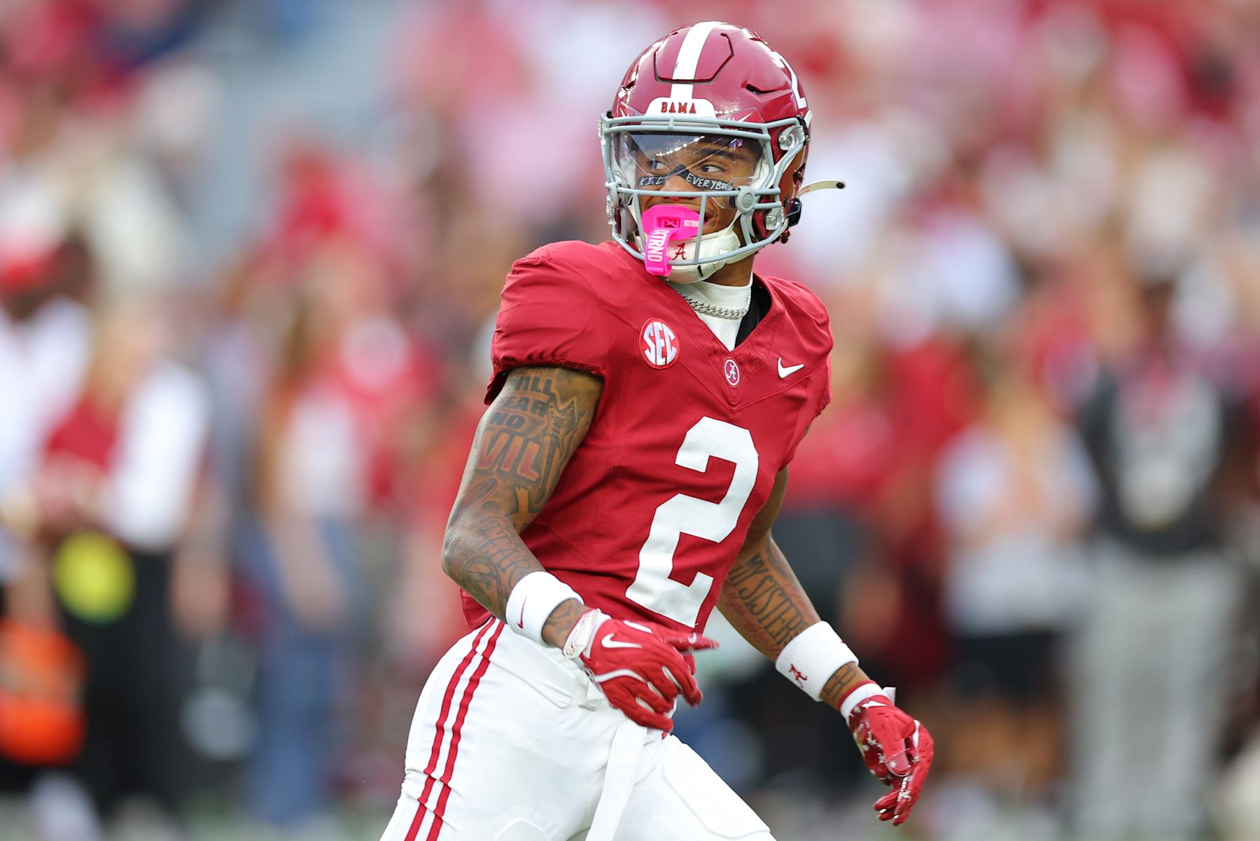 TUSCALOOSA, ALABAMA - SEPTEMBER 28: Ryan Williams #2 of the Alabama Crimson Tide warms up before the game against the Georgia Bulldogs at Bryant-Denny Stadium on September 28, 2024 in Tuscaloosa, Alabama. (Photo by Kevin C. Cox/Getty Images)