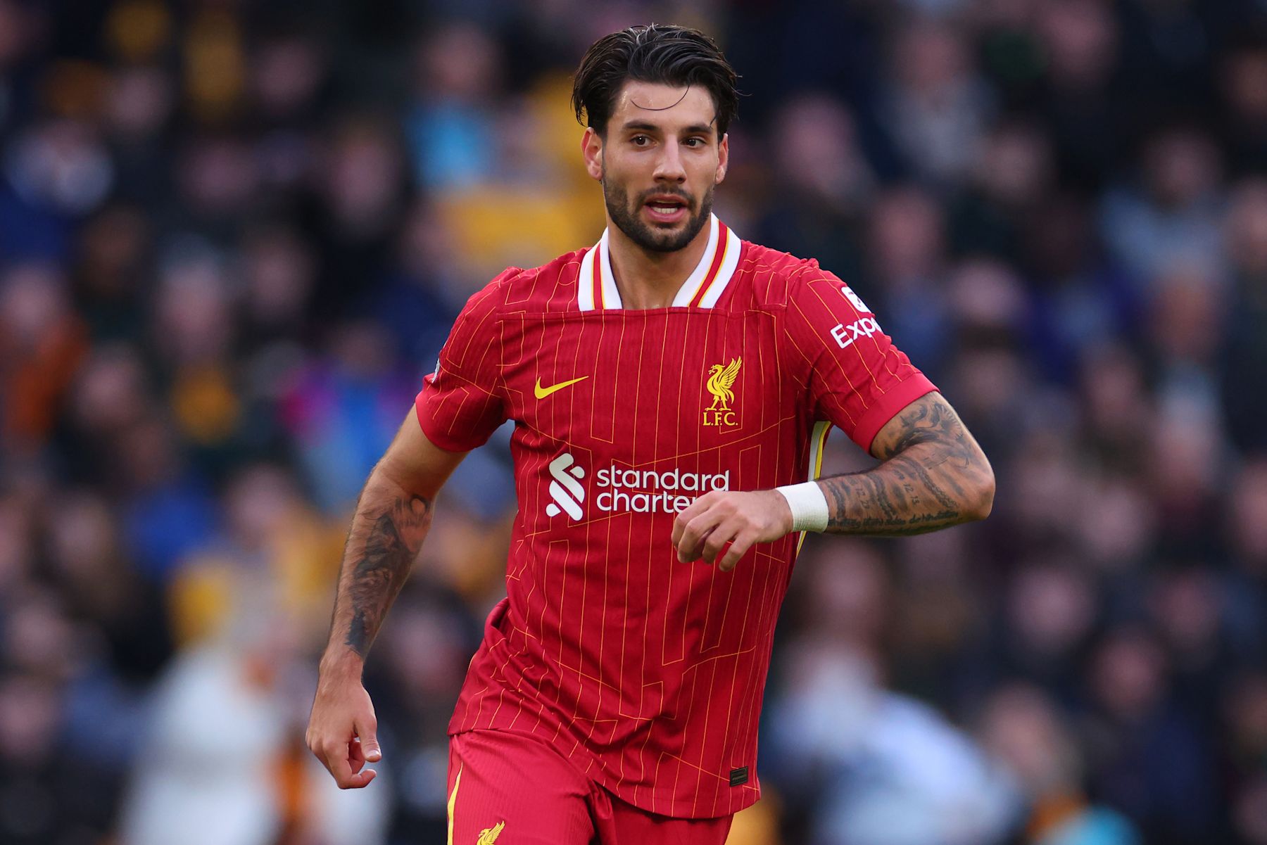 WOLVERHAMPTON, ENGLAND - SEPTEMBER 28: Dominik Szoboszlai of Liverpool during the Premier League match between Wolverhampton Wanderers FC and Liverpool FC at Molineux on September 28, 2024 in Wolverhampton, England. (Photo by Marc Atkins/Getty Images)