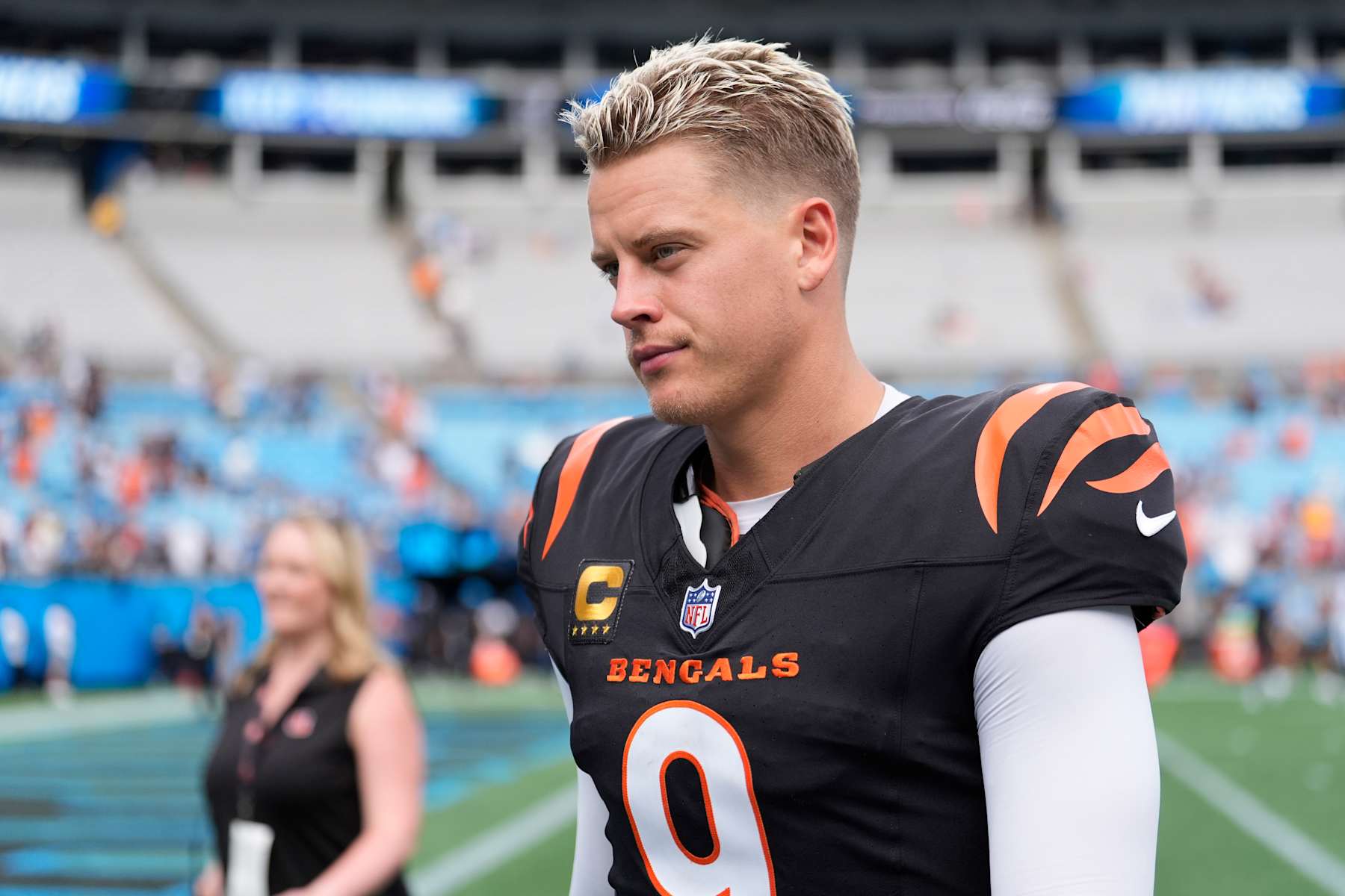 CHARLOTTE, NORTH CAROLINA - SEPTEMBER 29: Joe Burrow #9 of the Cincinnati Bengals walks off the field after beating the Carolina Panthers 34-24 at Bank of America Stadium on September 29, 2024 in Charlotte, North Carolina. (Photo by Matt Kelley/Getty Images)