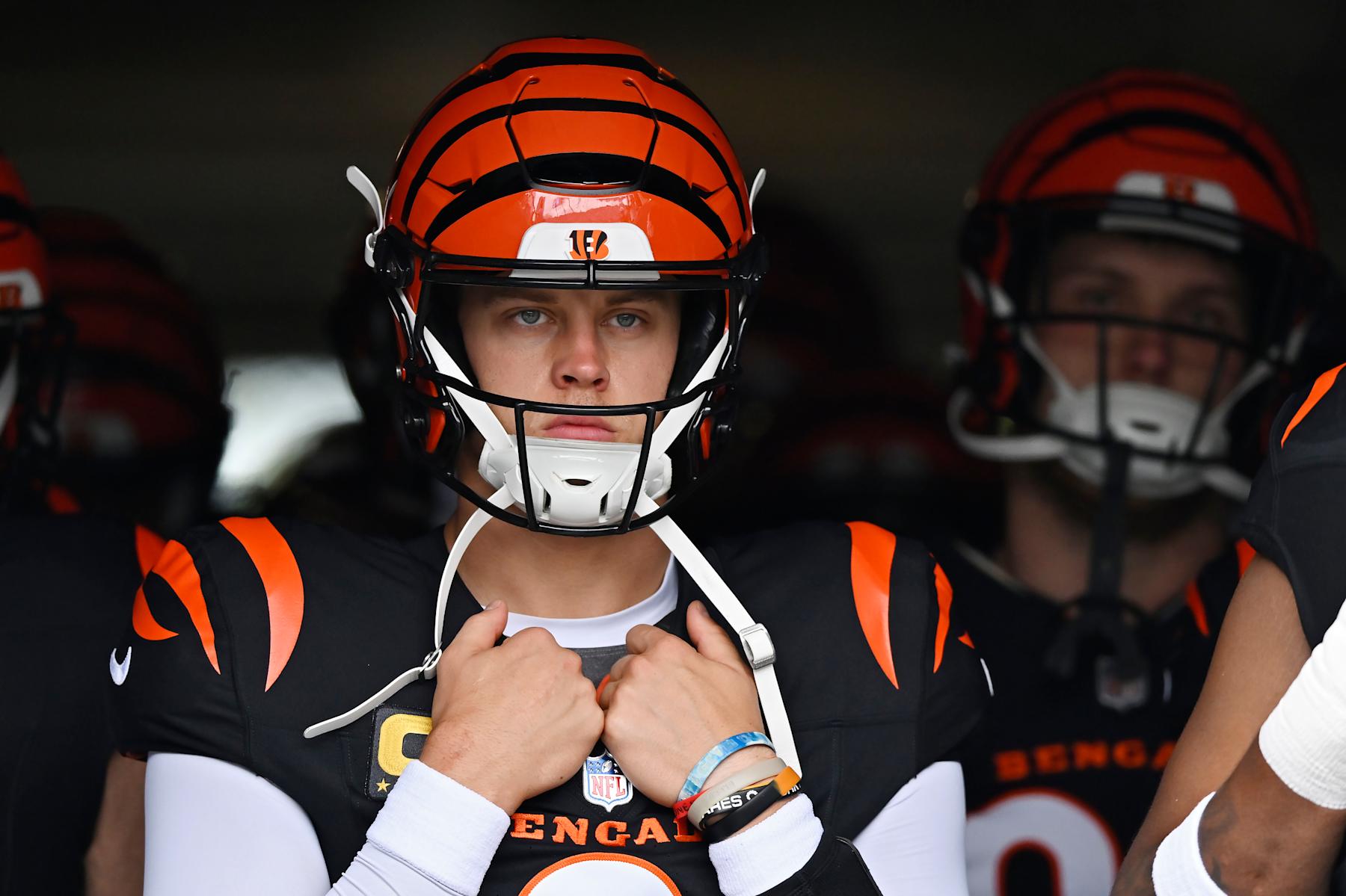 CHARLOTTE, NORTH CAROLINA - SEPTEMBER 29: Joe Burrow #9 of the Cincinnati Bengals waits in the tunnel before the game against the Carolina Panthers at Bank of America Stadium on September 29, 2024 in Charlotte, North Carolina. (Photo by Matt Kelley/Getty Images)