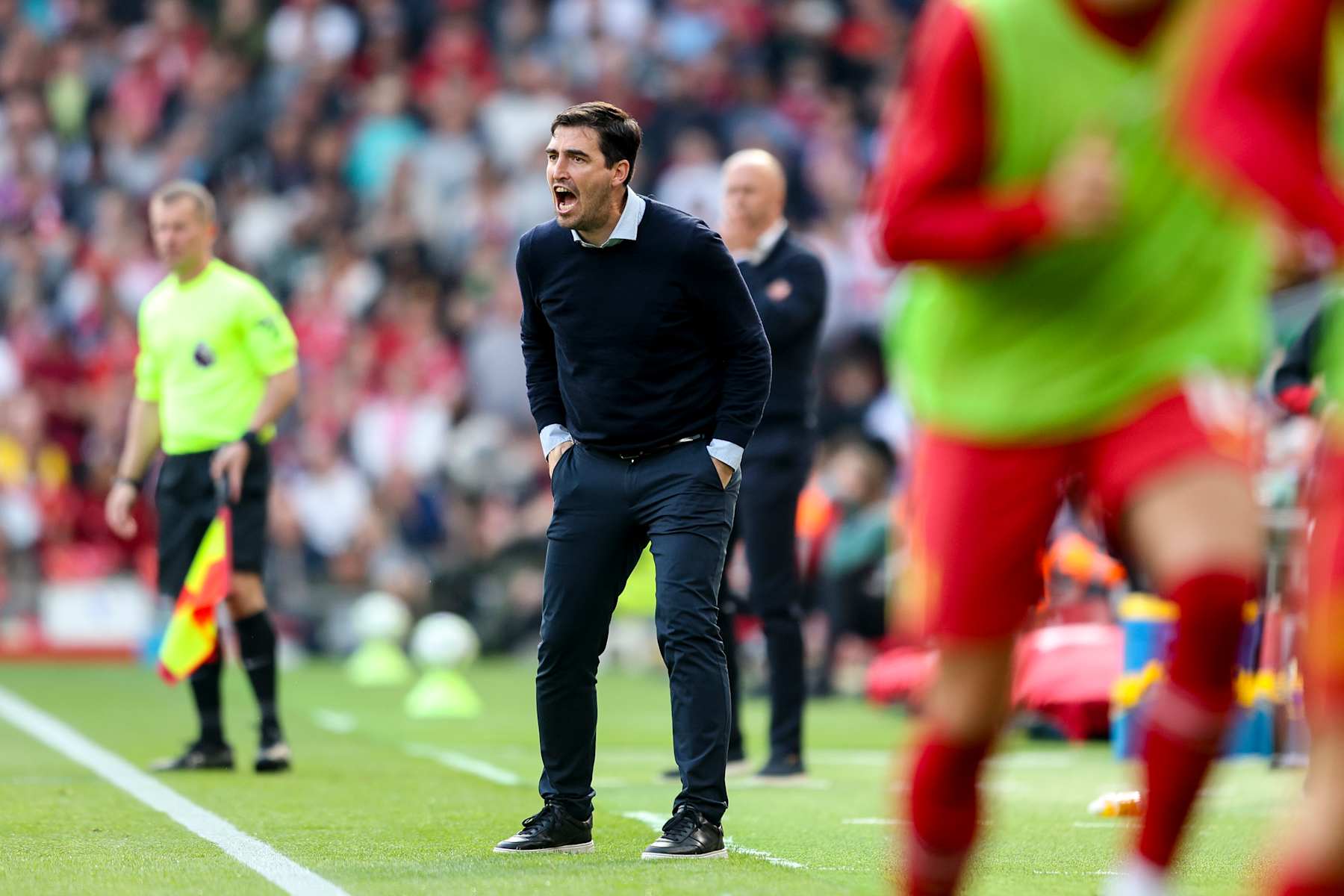 LIVERPOOL, ENGLAND - SEPTEMBER 21: Head Coach Andoni Iraola of Bournemouth during the Premier League match between Liverpool FC and AFC Bournemouth at Anfield on September 21, 2024 in Liverpool, England. (Photo by Robin Jones - AFC Bournemouth/AFC Bournemouth via Getty Images)