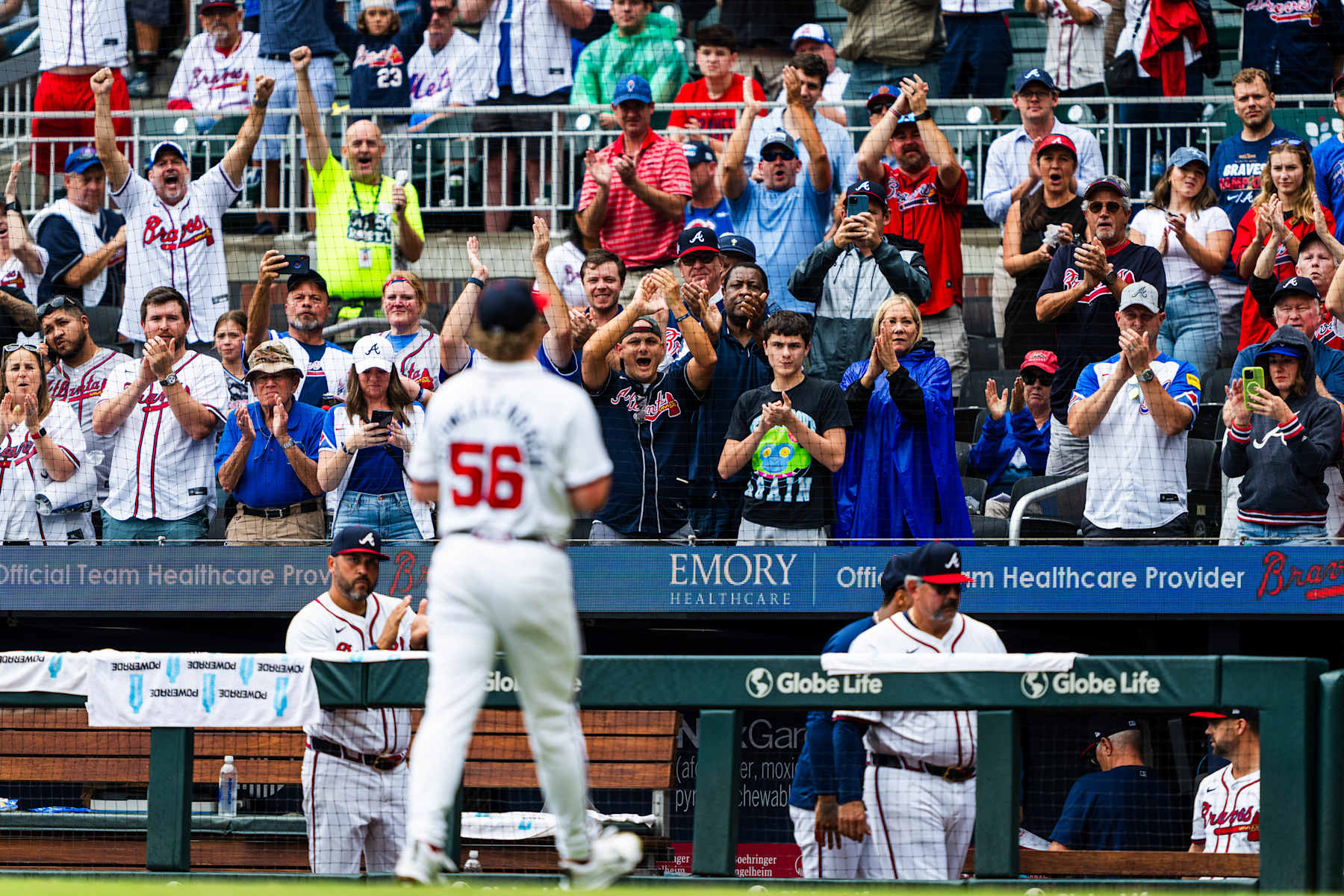 ATLANTA, GA - SEPTEMBER 30 Braves fans cheer as Spencer Schwellenbach #56 of Atlanta Braves exits the game in the eighth inning during game one of a double header against the New York Mets at Truist Park on September 30, 2024 in Atlanta, Georgia. (Photo by Matthew Grimes Jr./Atlanta Braves/Getty Images)