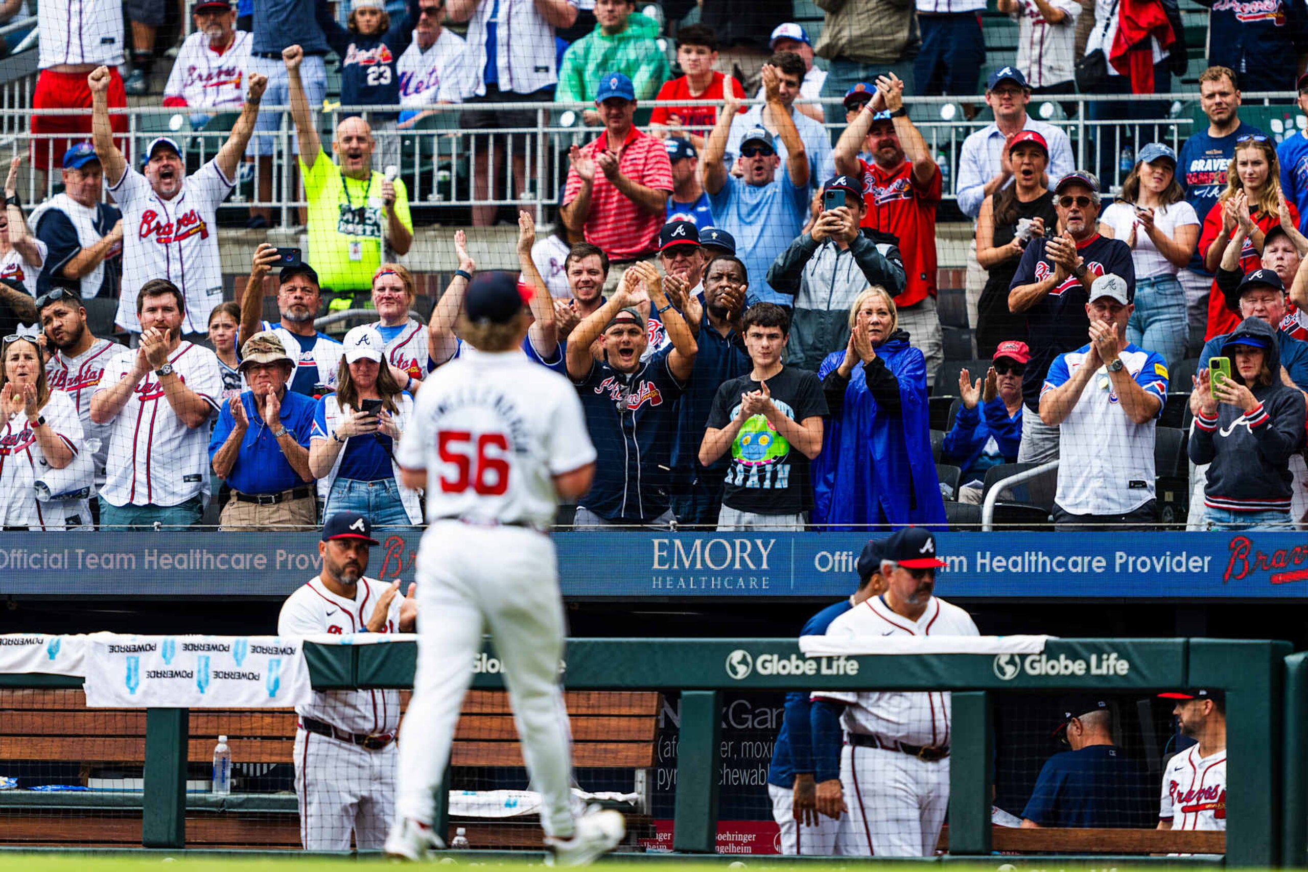 ATLANTA, GA - SEPTEMBER 30 Braves fans cheer as Spencer Schwellenbach #56 of Atlanta Braves exits the game in the eighth inning during game one of a double header against the New York Mets at Truist Park on September 30, 2024 in Atlanta, Georgia. (Photo by Matthew Grimes Jr./Atlanta Braves/Getty Images)