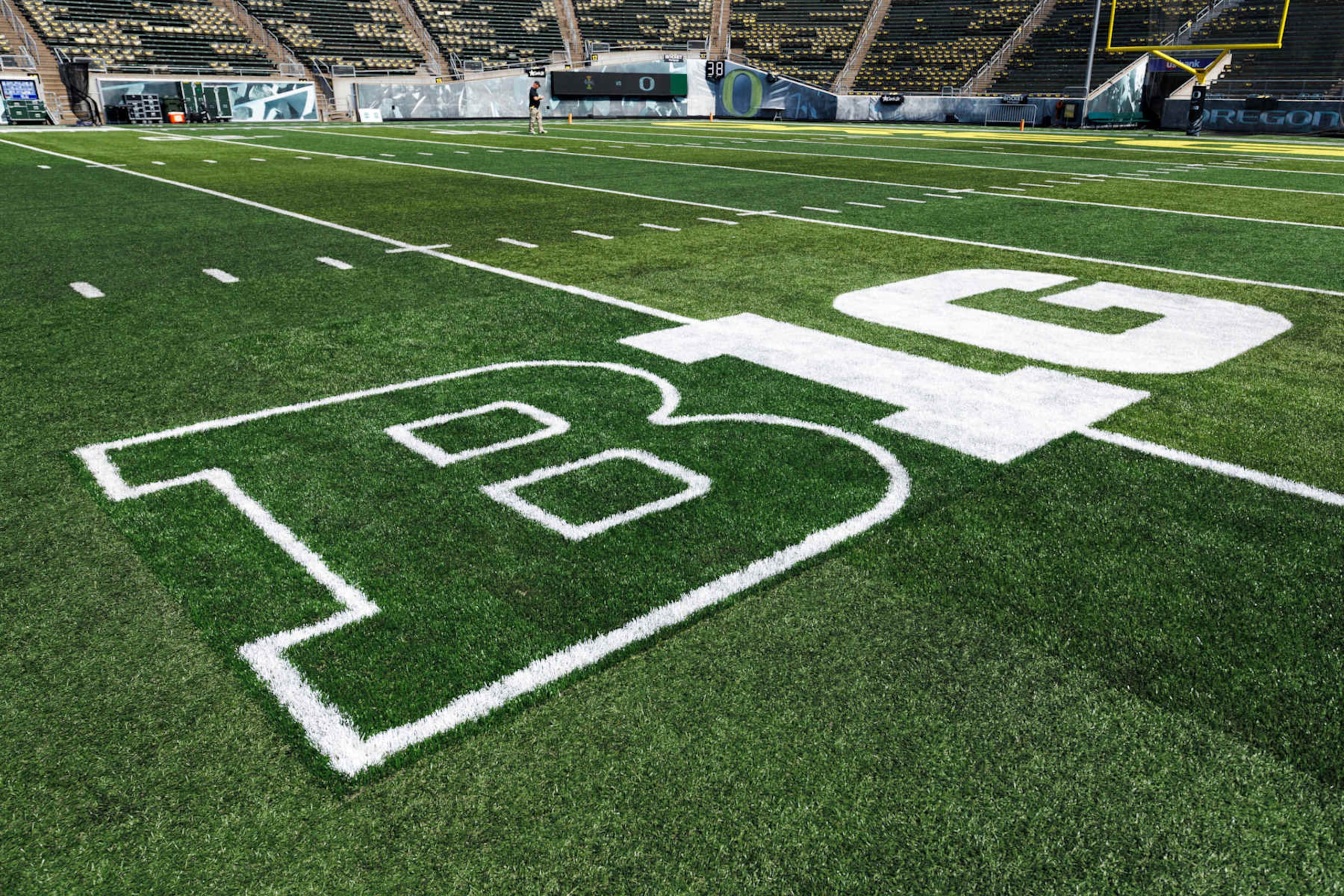 EUGENE, OREGON - AUGUST 31: A detail view of "B1G" Big Ten logo painted on the field during a game between Idaho Vandals and Oregon Ducks at Autzen Stadium on August 31, 2024 in Eugene, Oregon. (Photo by Ric Tapia/Getty Images)