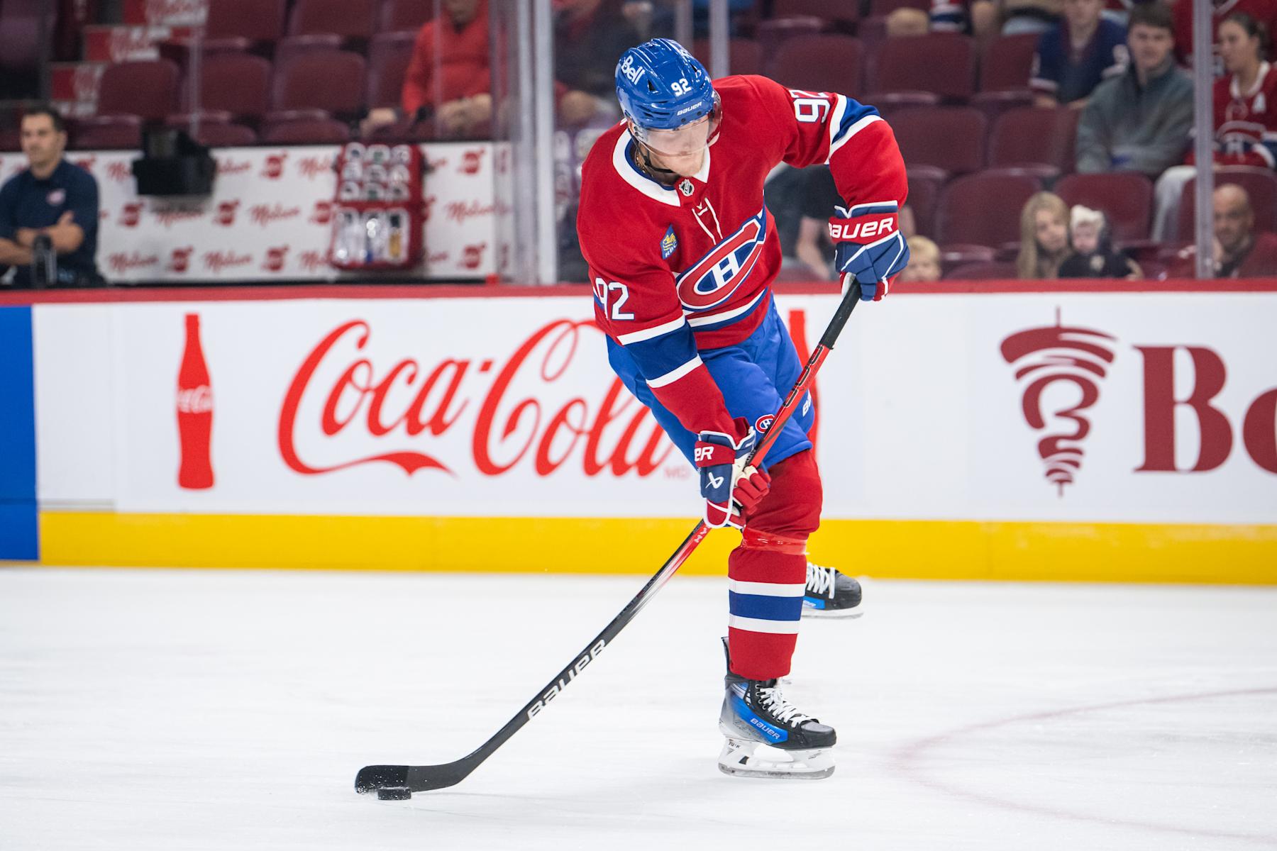 MONTREAL, QC - SEPTEMBER 28: Patrik Laine (92) of the Montreal Canadiens shoots the puck during the warmup of the NHL pre-season game between the Toronto Maple Leafs and the Montreal Canadiens on Sept 28, 2024, at the Bell Centre in Montreal, QC(Photo by Vincent Ethier/Icon Sportswire via Getty Images)