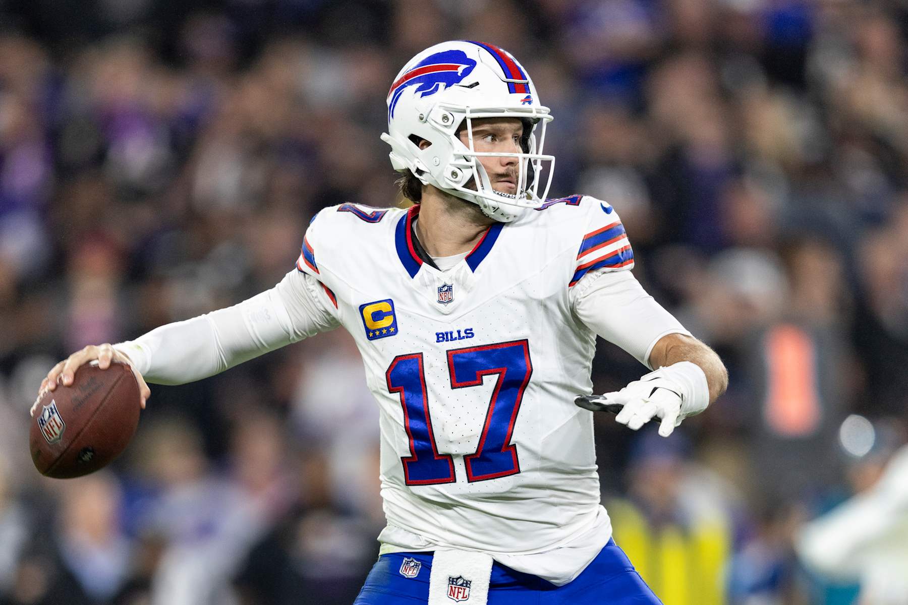 BALTIMORE, MARYLAND - SEPTEMBER 29: Josh Allen #17 of the Buffalo Bills looks to pass during an NFL football game against the Baltimore Ravens at M&T Bank Stadium on September 29, 2024 in Baltimore, Maryland. (Photo by Michael Owens/Getty Images)