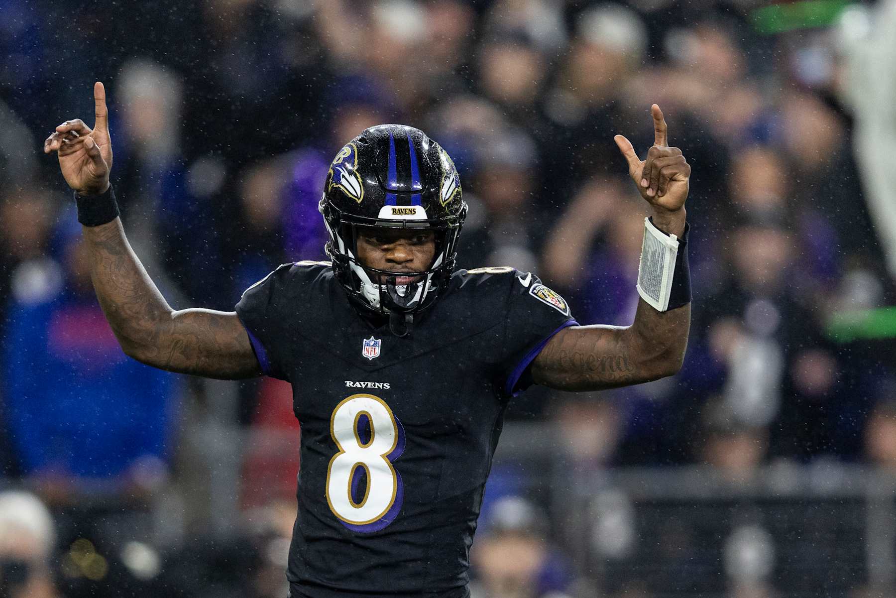 BALTIMORE, MARYLAND - SEPTEMBER 29: Lamar Jackson #8 of the Baltimore Ravens celebrates after a touchdown during an NFL football game against the Buffalo Bills at M&T Bank Stadium on September 29, 2024 in Baltimore, Maryland. (Photo by Michael Owens/Getty Images)