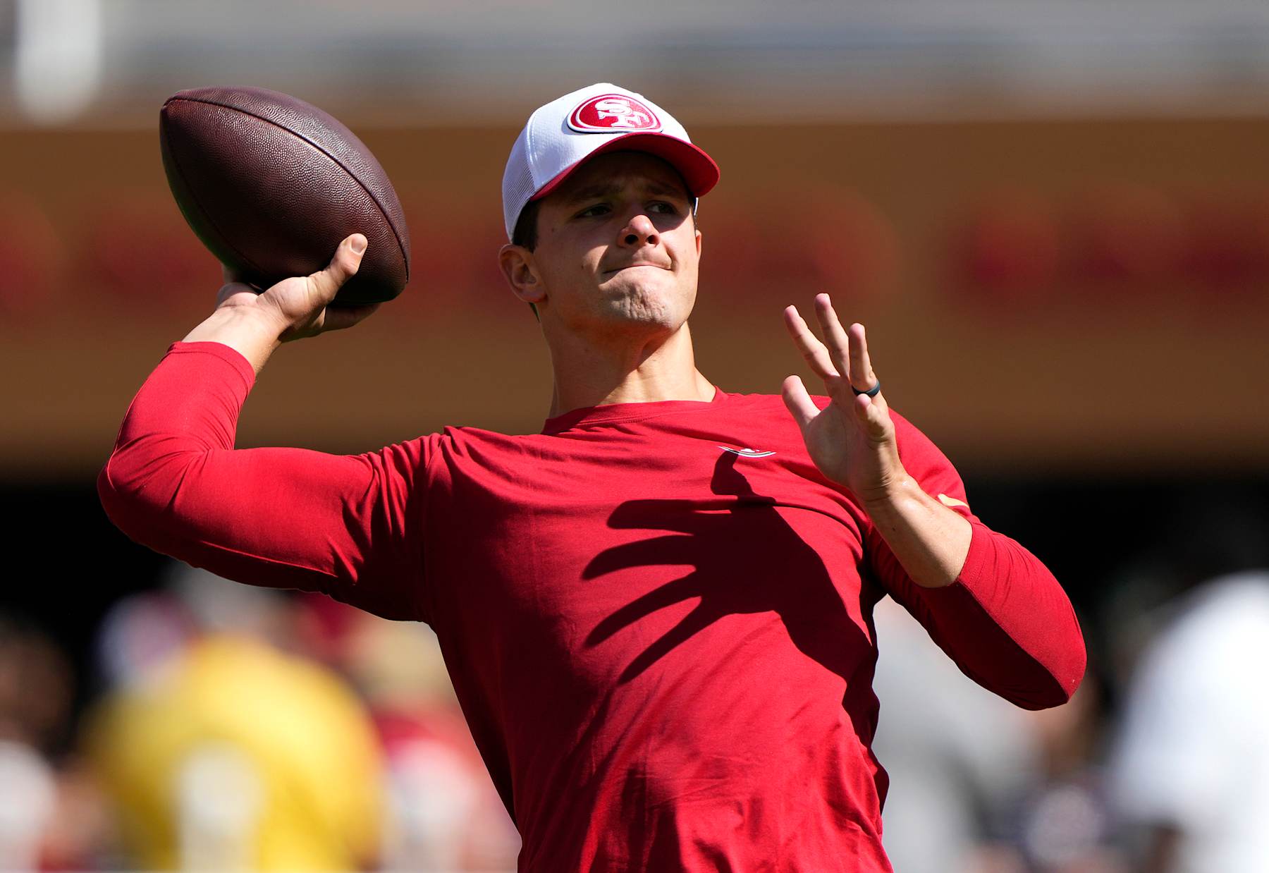 SANTA CLARA, CALIFORNIA - SEPTEMBER 29: Brock Purdy #13 of the San Francisco 49ers warms up before the game against the New England Patriots at Levi's Stadium on September 29, 2024 in Santa Clara, California. (Photo by Thearon W. Henderson/Getty Images)
