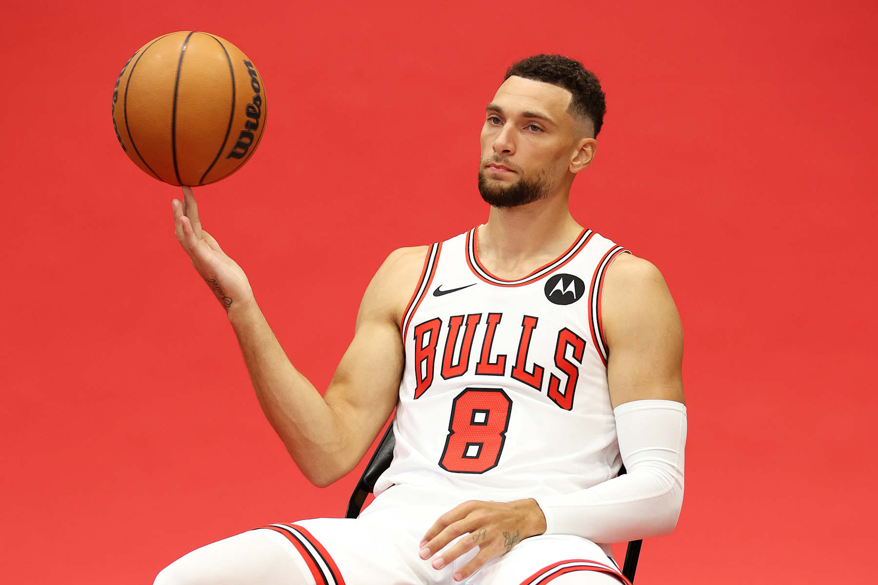 CHICAGO, ILLINOIS - SEPTEMBER 30: Zach LaVine #8 of the Chicago Bulls poses for a photo during Chicago Bulls Media Day at Advocate Center on September 30, 2024 in Chicago, Illinois. (Photo by Michael Reaves/Getty Images)