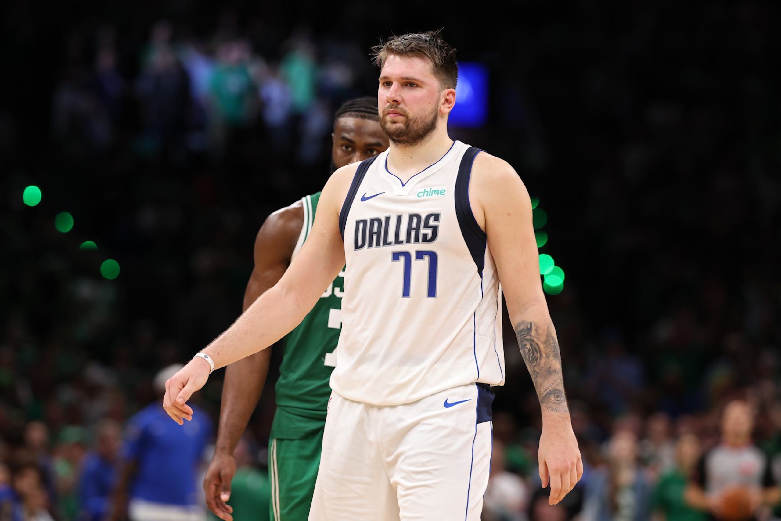 BOSTON, MASSACHUSETTS - JUNE 17: Luka Doncic #77 of the Dallas Mavericks looks on during the fourth quarter of Game Five of the 2024 NBA Finals against the Boston Celtics at TD Garden on June 17, 2024 in Boston, Massachusetts. NOTE TO USER: User expressly acknowledges and agrees that, by downloading and or using this photograph, User is consenting to the terms and conditions of the Getty Images License Agreement. (Photo by Elsa/Getty Images)