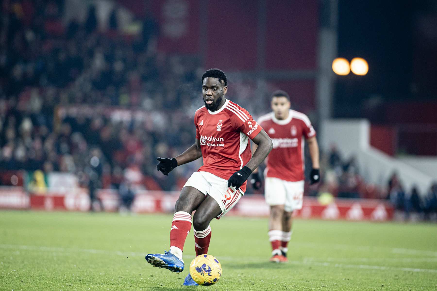NOTTINGHAM, ENGLAND - DECEMBER 2: Orel Mangara of Nottingham Forest passes the ball during the Premier League match between Nottingham Forest and Everton FC at City Ground on December 2, 2023 in Nottingham, England. (Photo by Richard Callis/MB Media/Getty Images)