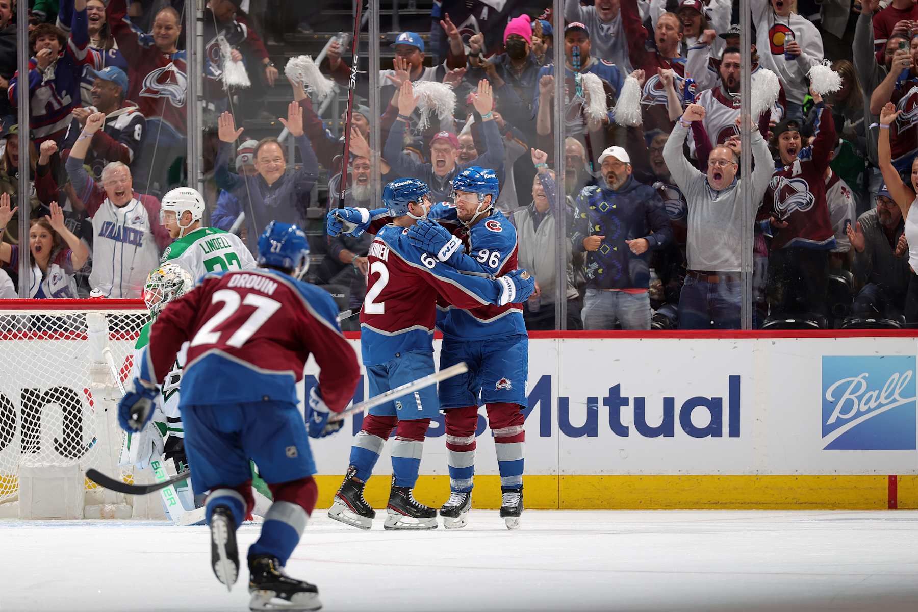 DENVER, COLORADO - MAY 17: Jonathan Drouin #27, Artturi Lehkonen #62 and Mikko Rantanen #96 of the Colorado Avalanche celebrate a goal against the Dallas Stars in Game Six of the Second Round of the 2024 Stanley Cup Playoffs at Ball Arena on May 17, 2024 in Denver, Colorado.  (Photo by Michael Martin/NHLI via Getty Images)