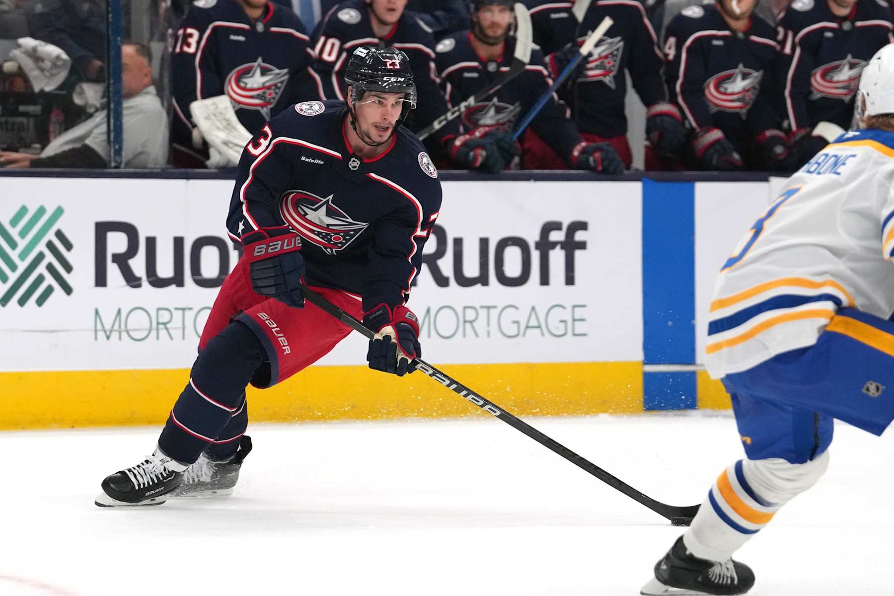 COLUMBUS, OHIO - SEPTEMBER 28: Sean Monahan #23 of the Columbus Blue Jackets skates with the puck during the second period of the preseason game against the Buffalo Sabres at Nationwide Arena on September 28, 2024 in Columbus, Ohio. (Photo by Jason Mowry/Getty Images)