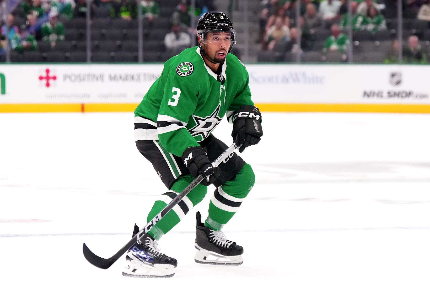 DALLAS, TEXAS - SEPTEMBER 25: Mathew Dumba #3 of the Dallas Stars skates during the first period in a preseason game against the Minnesota Wild at American Airlines Center on September 25, 2024 in Dallas, Texas. (Photo by Sam Hodde/Getty Images)