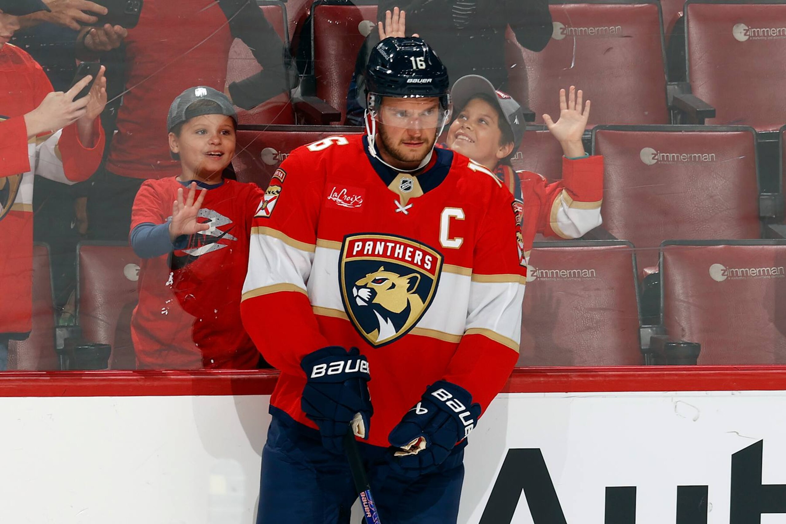 SUNRISE, FL - SEPTEMBER 30: Aleksander Barkov #16 of the Florida Panthers warms up prior to the preseason game against the Tampa Bay Lightning at the Amerant Bank Arena on September 30, 2024 in Sunrise, Florida. (Photo by Joel Auerbach/Getty Images)