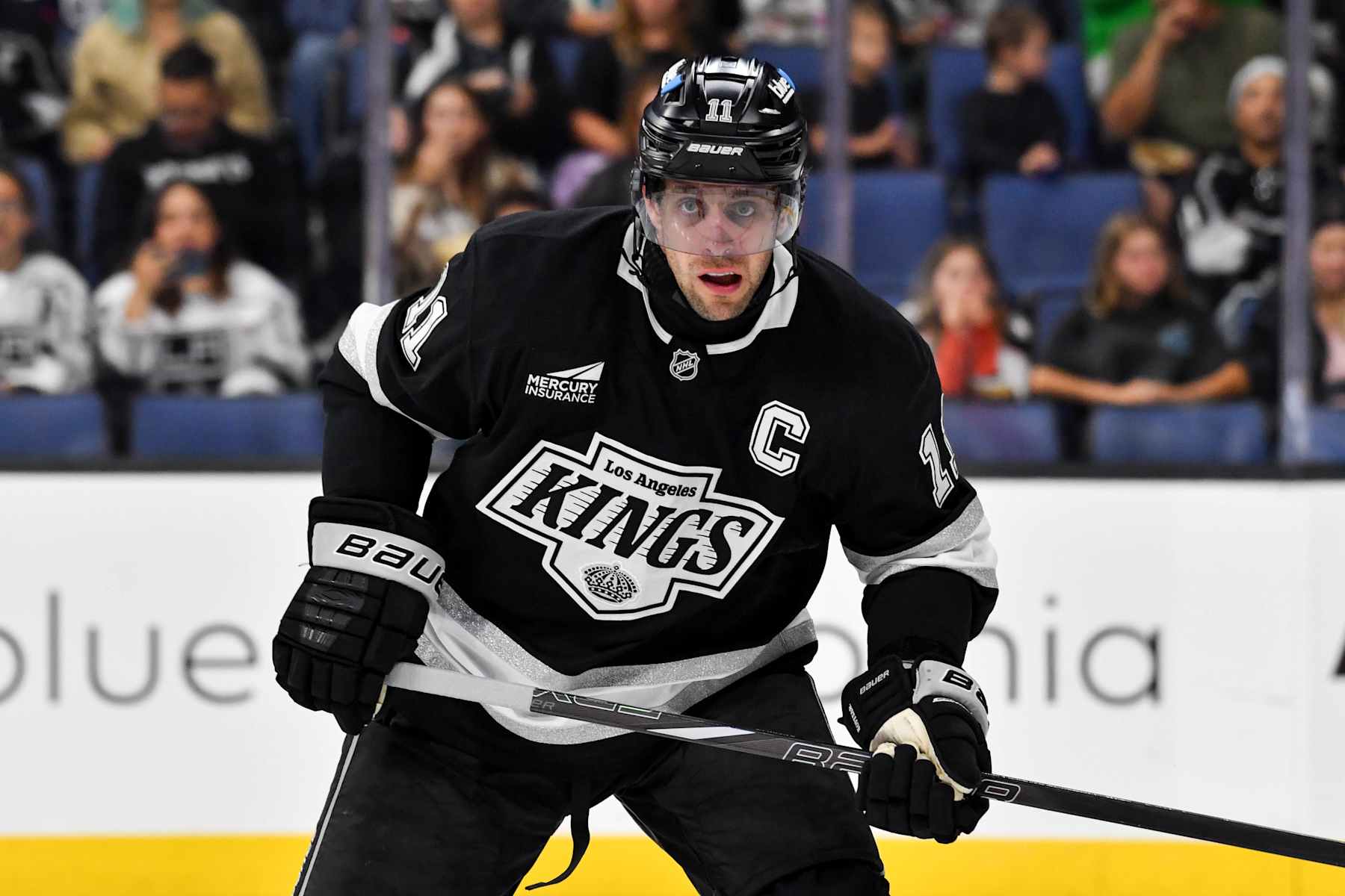 ONTARIO, CA - SEPTEMBER 28: Anze Kopitar #11 of the Los Angeles Kings skates on the ice during the second period in a pre-season game against the Anaheim Ducks at the Toyota Arena on September 28, 2024 in Ontario, California. (Photo by Juan Ocampo/NHLI via Getty Images)