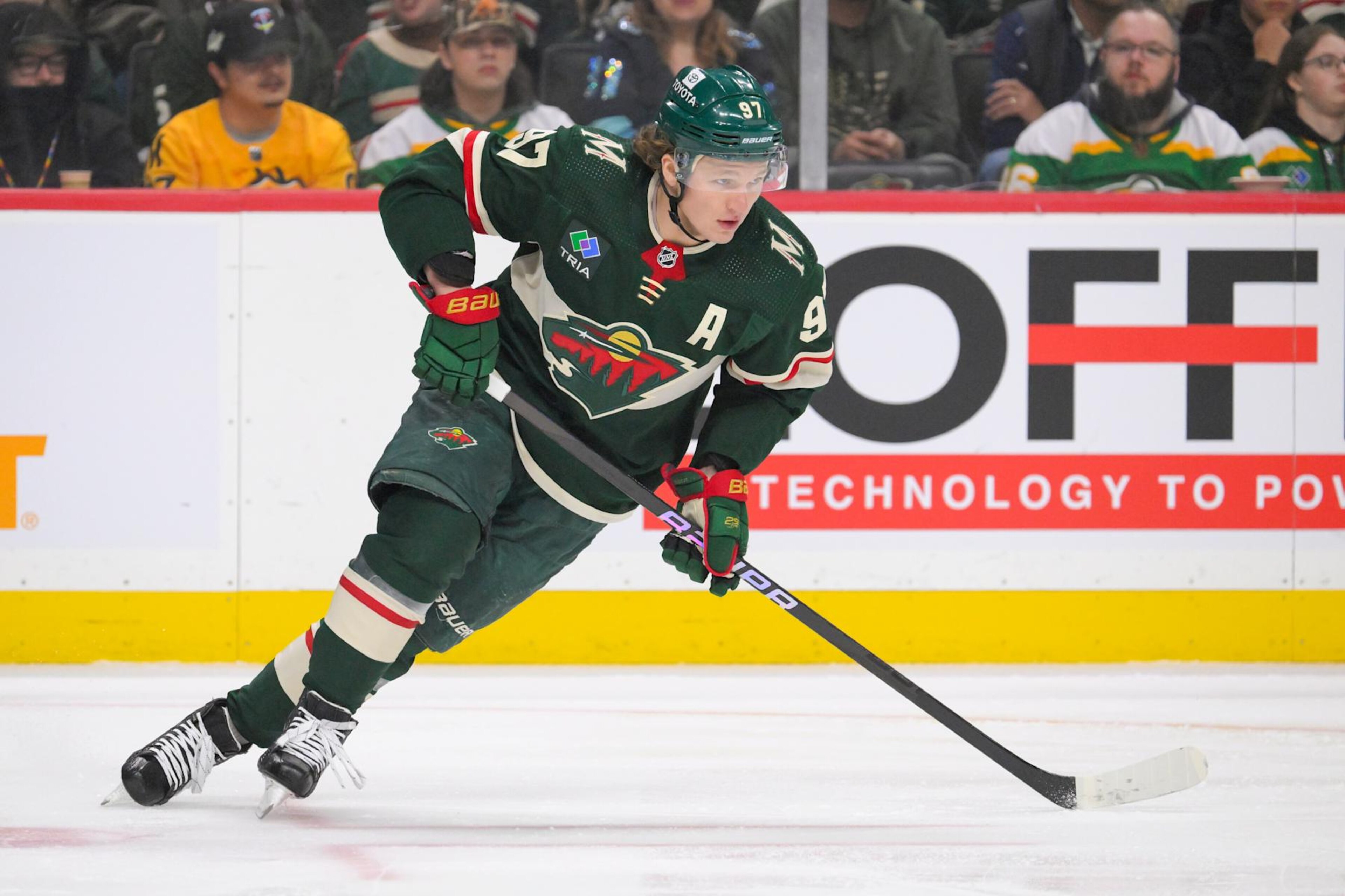 ST. PAUL, MN - APRIL 18: Minnesota Wild forward Kirill Kaprizov (97) turns up ice during the first period of an NHL game between the Minnesota Wild and Seattle Kraken on April 18, 2024, at Xcel Energy Center in St. Paul, MN. (Photo by Nick Wosika/Icon Sportswire via Getty Images)