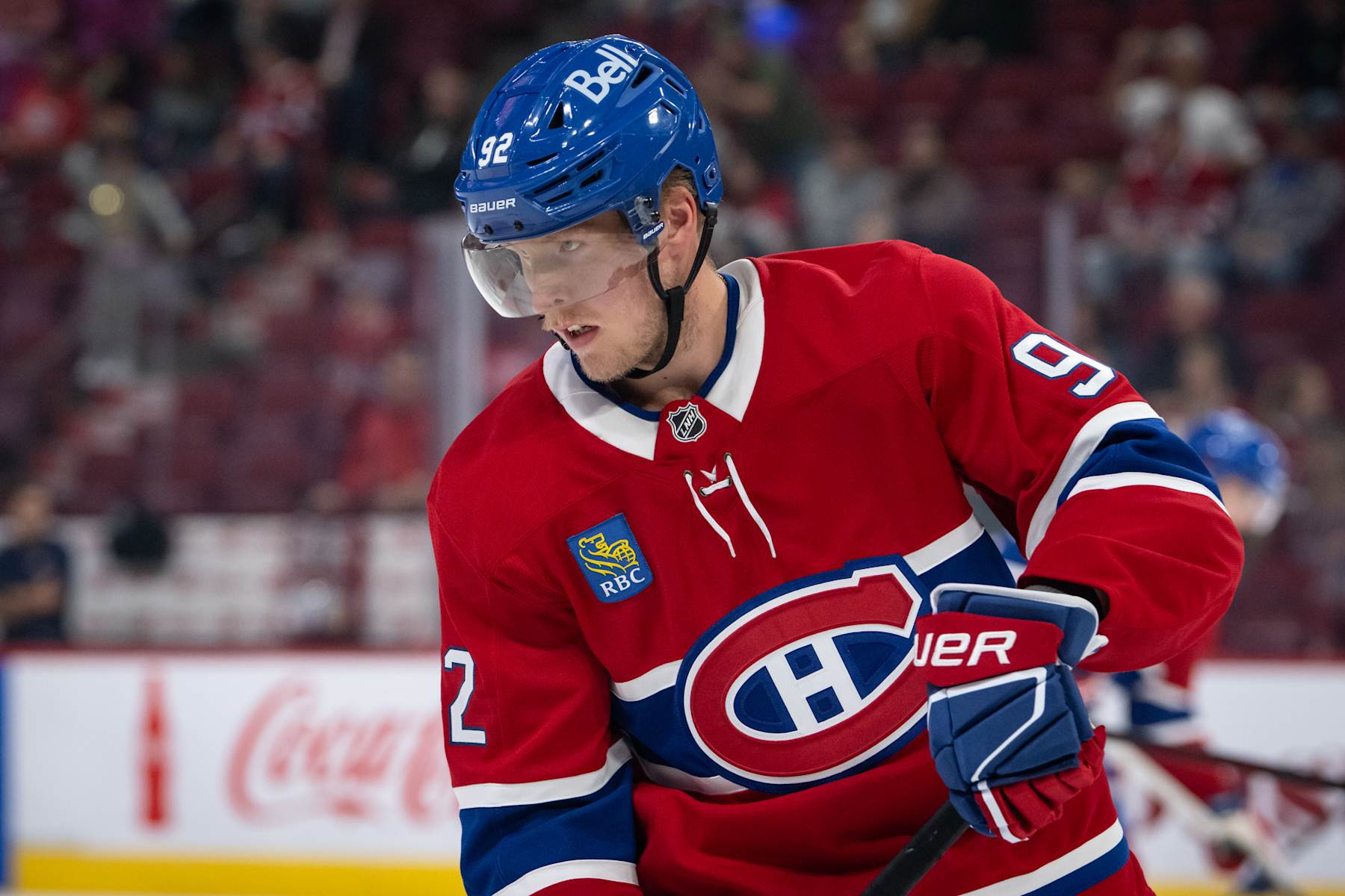 MONTREAL, QC - SEPTEMBER 28:Patrik Laine (92) of the Montreal Canadiens looks on  during the warmup of the NHL pre-season game between the Toronto Maple Leafs and the Montreal Canadiens on Sept 28, 2024, at the Bell Centre in Montreal, QC(Photo by Vincent Ethier/Icon Sportswire via Getty Images)