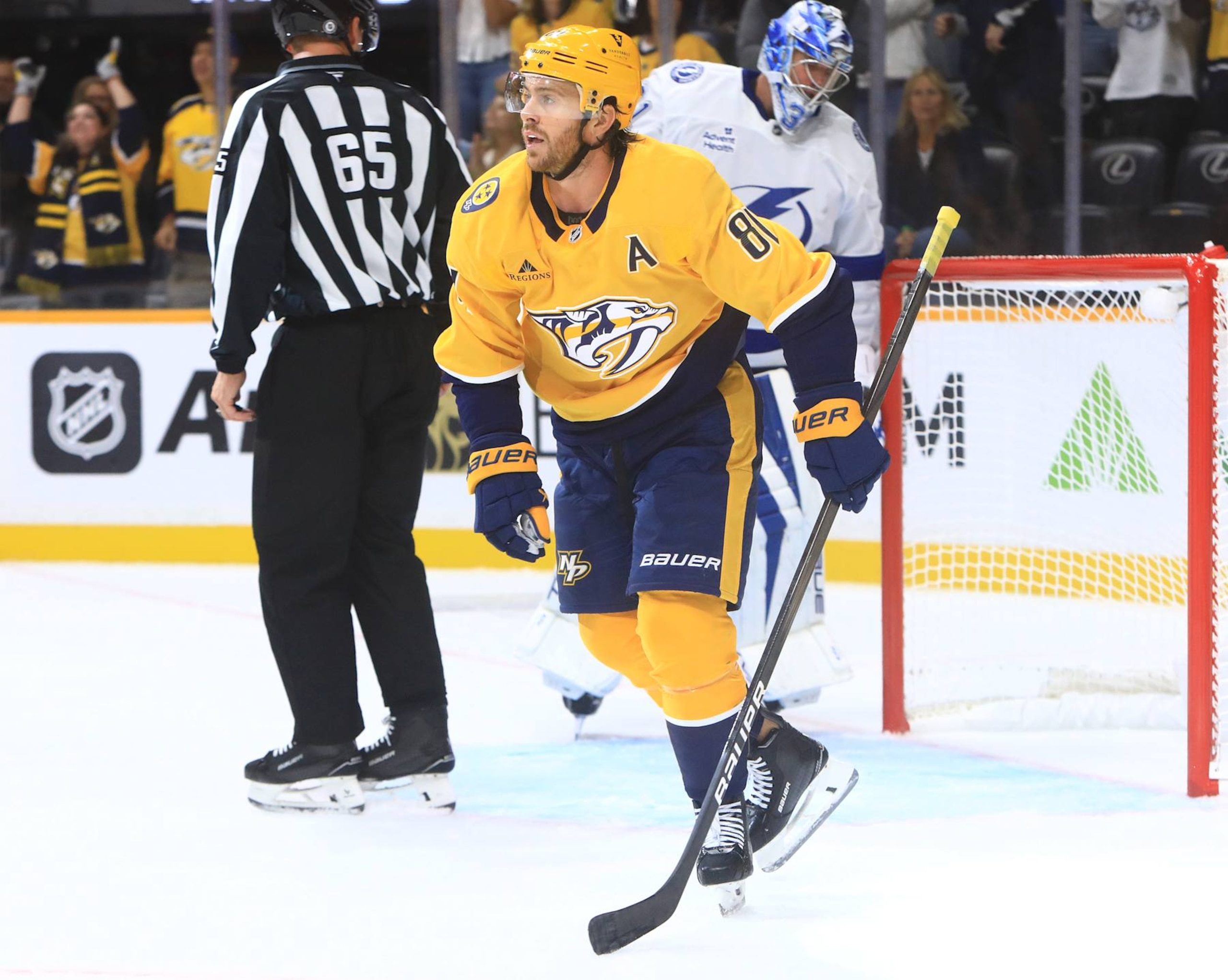 NASHVILLE, TN - SEPTEMBER 28: Nashville Predators forward Jonathan Marchessault (81) is shown during the NHL preseason game between the Nashville Predators and Tampa Bay Lightning, held on September 28, 2024, at Bridgestone Arena in Nashville, Tennessee.  (Photo by Danny Murphy/Icon Sportswire via Getty Images)