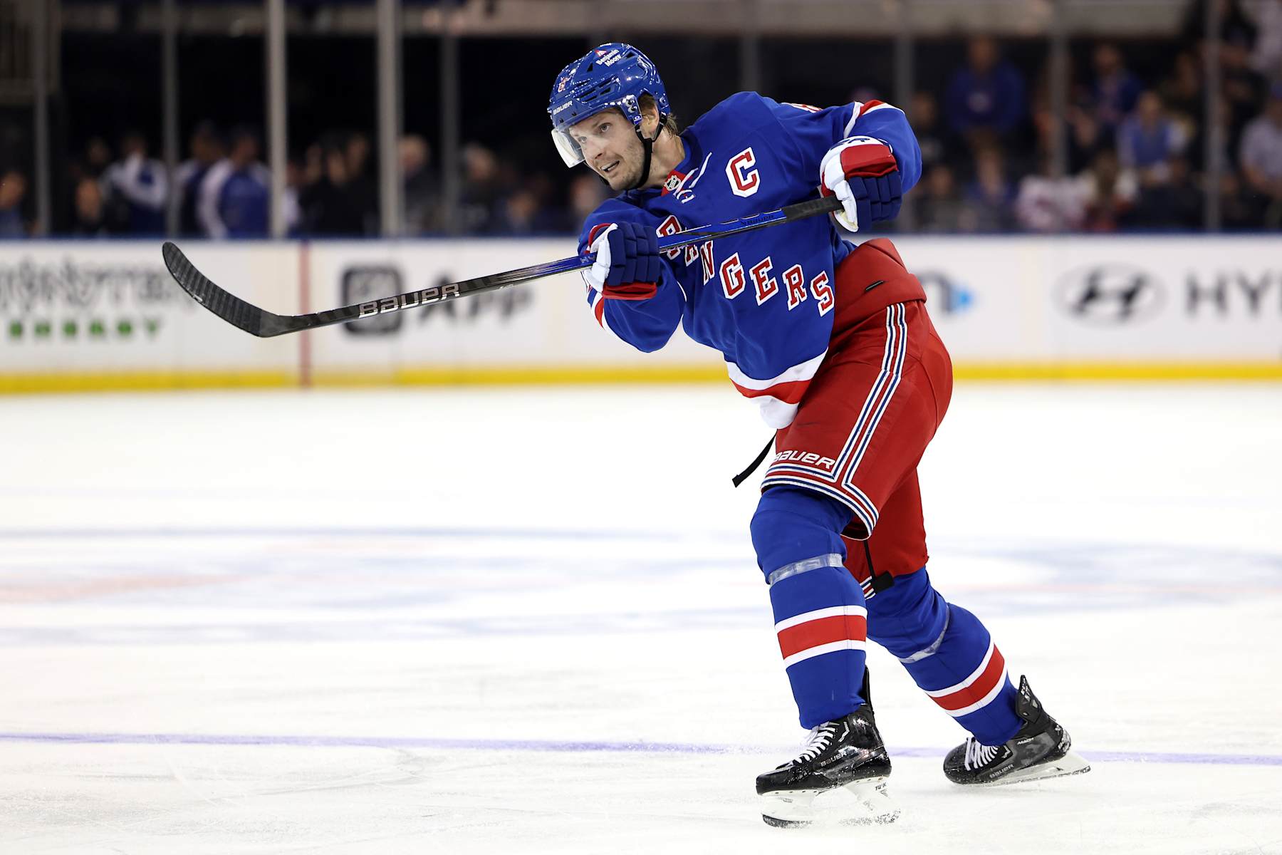 NEW YORK, NEW YORK - SEPTEMBER 24: Jacob Trouba #8 of the New York Rangers in action against the New York Islanders at Madison Square Garden on September 24, 2024 in New York City. (Photo by Luke Hales/Getty Images)