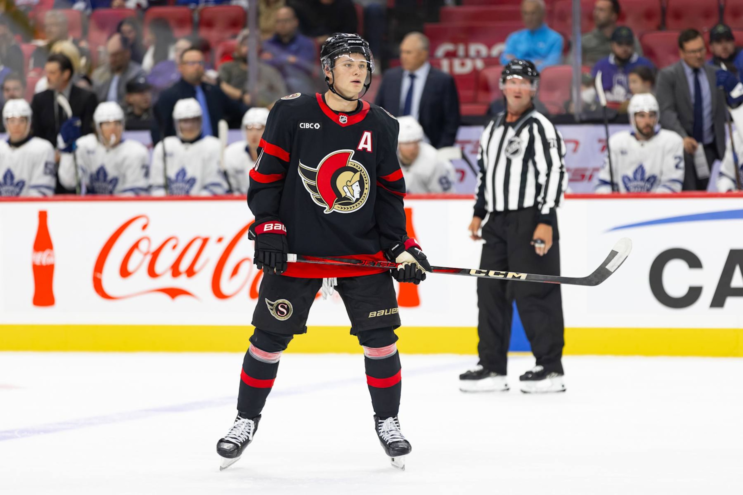 OTTAWA, ON - SEPTEMBER 24: Ottawa Senators center Tim Stutzle (18) before a face-off during first period National Hockey League preseason action between the Toronto Maple Leafs and Ottawa Senators on September 24, 2024, at Canadian Tire Centre in Ottawa, ON, Canada. (Photo by Richard A. Whittaker/Icon Sportswire via Getty Images)
