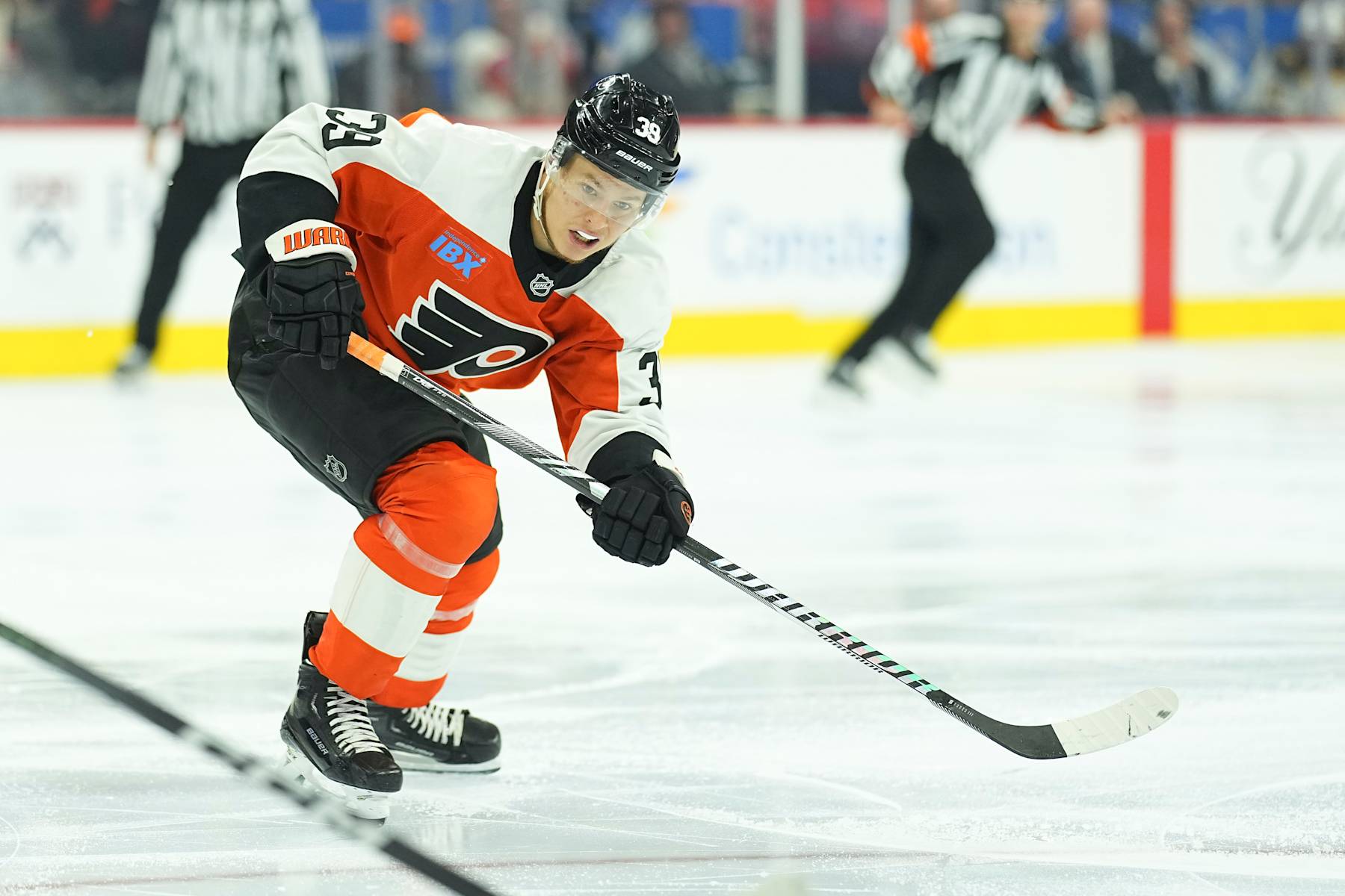PHILADELPHIA, PENNSYLVANIA - SEPTEMBER 28: Matvei Michkov #39 of the Philadelphia Flyers skates against the Boston Bruins during the second period of the preseason game at the Wells Fargo Center on September 28, 2024 in Philadelphia, Pennsylvania. (Photo by Mitchell Leff/Getty Images)