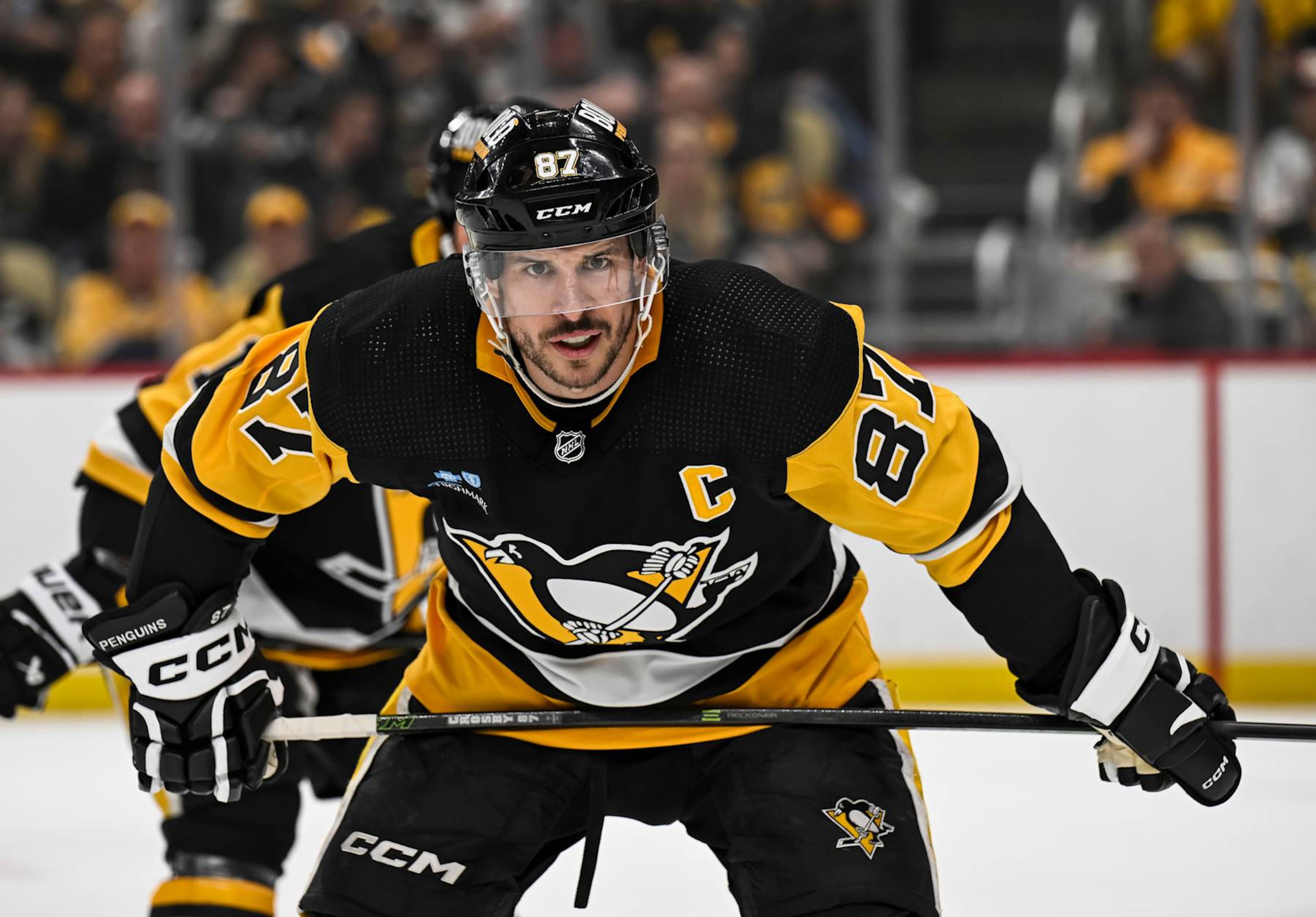 PITTSBURGH, PA - APRIL 15: Pittsburgh Penguins center Sidney Crosby (87) waits for a faceoff during the first period in the NHL game between the Pittsburgh Penguins and the Nashville Predators on April 15, 2024, at PPG Paints Arena in Pittsburgh, PA. (Photo by Jeanine Leech/Icon Sportswire via Getty Images)