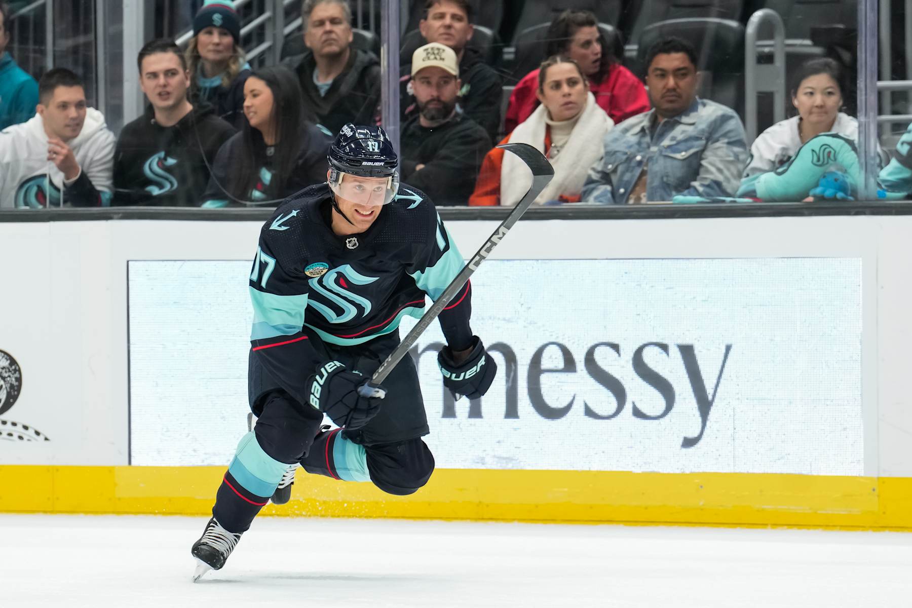 SEATTLE, WASHINGTON - APRIL 11: Jaden Schwartz #17 of the Seattle Kraken skates during the third period of a game against the San Jose Sharks at Climate Pledge Arena on April 11, 2024 in Seattle, Washington. (Photo by Christopher Mast/NHLI via Getty Images)