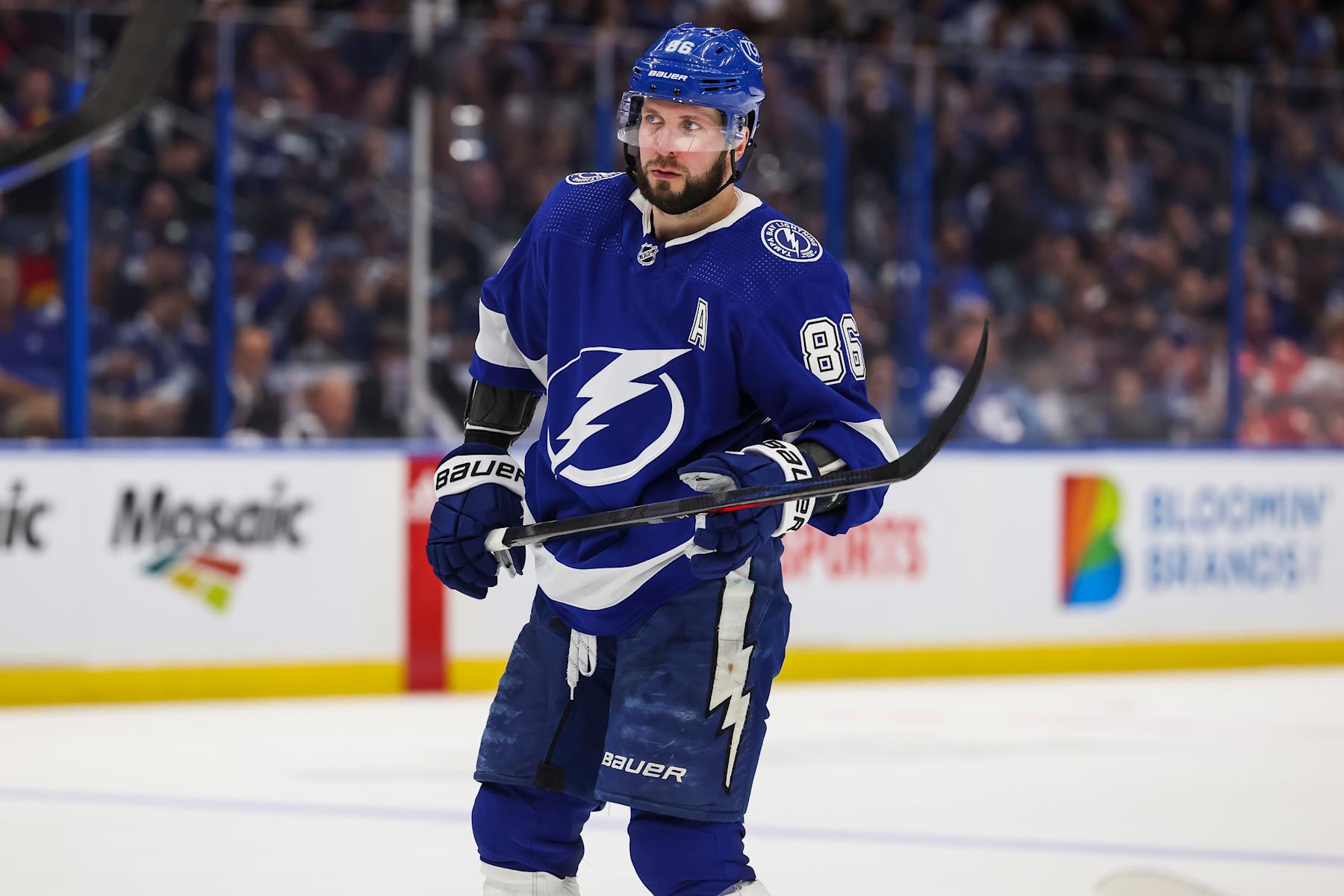 TAMPA, FL - APRIL 25: Nikita Kucherov #86 of the Tampa Bay Lightning skates against the Florida Panthers in Game Three of the First Round of the 2024 Stanley Cup Playoffs at Amalie Arena on April 25, 2024 in Tampa, Florida. (Photo by Mark LoMoglio/NHLI via Getty Images)