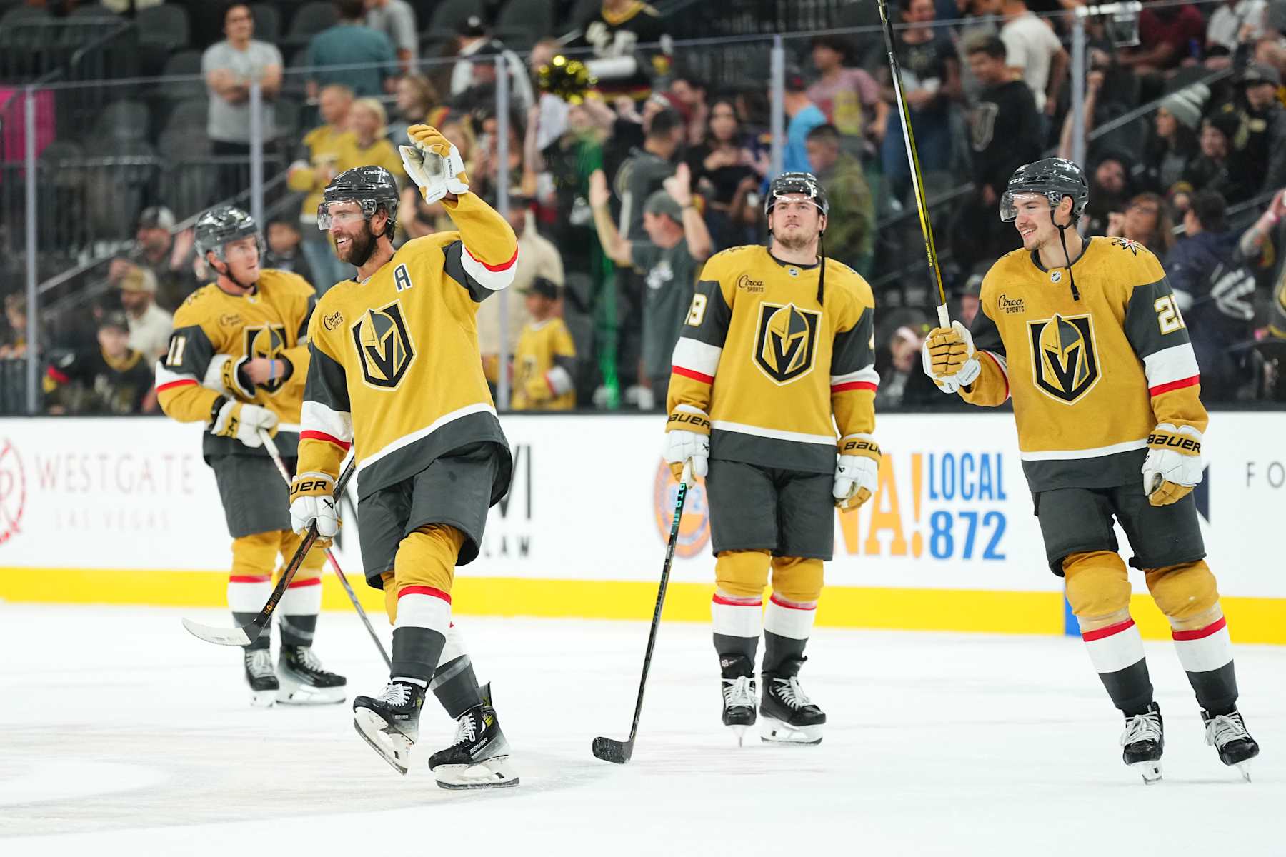 LAS VEGAS, NEVADA - SEPTEMBER 27: The Vegas Golden Knights celebrate after a 5-2 victory against the Utah Hockey Club at T-Mobile Arena on September 27, 2024 in Las Vegas, Nevada. (Photo by Jeff Bottari/NHLI via Getty Images)