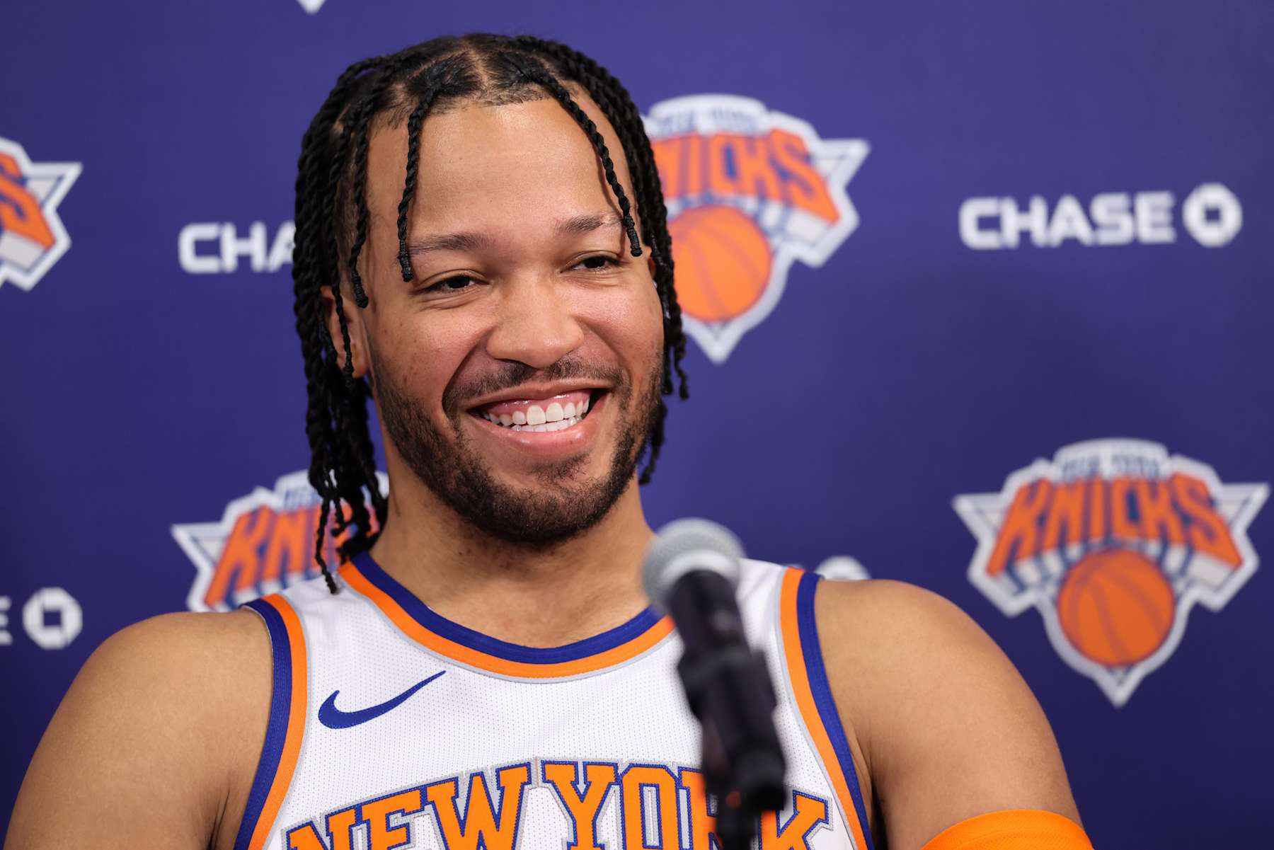 TARRYTOWN, NEW YORK - SEPTEMBER 30: Jalen Brunson #11 of the New York Knicks speaks at a press conference during media day at Knicks Training Facility on September 30, 2024 in Tarrytown, New York. NOTE TO USER: User expressly acknowledges and agrees that, by downloading and/or using this Photograph, user is consenting to the terms and conditions of the Getty Images License Agreement. (Photo by Dustin Satloff/Getty Images)