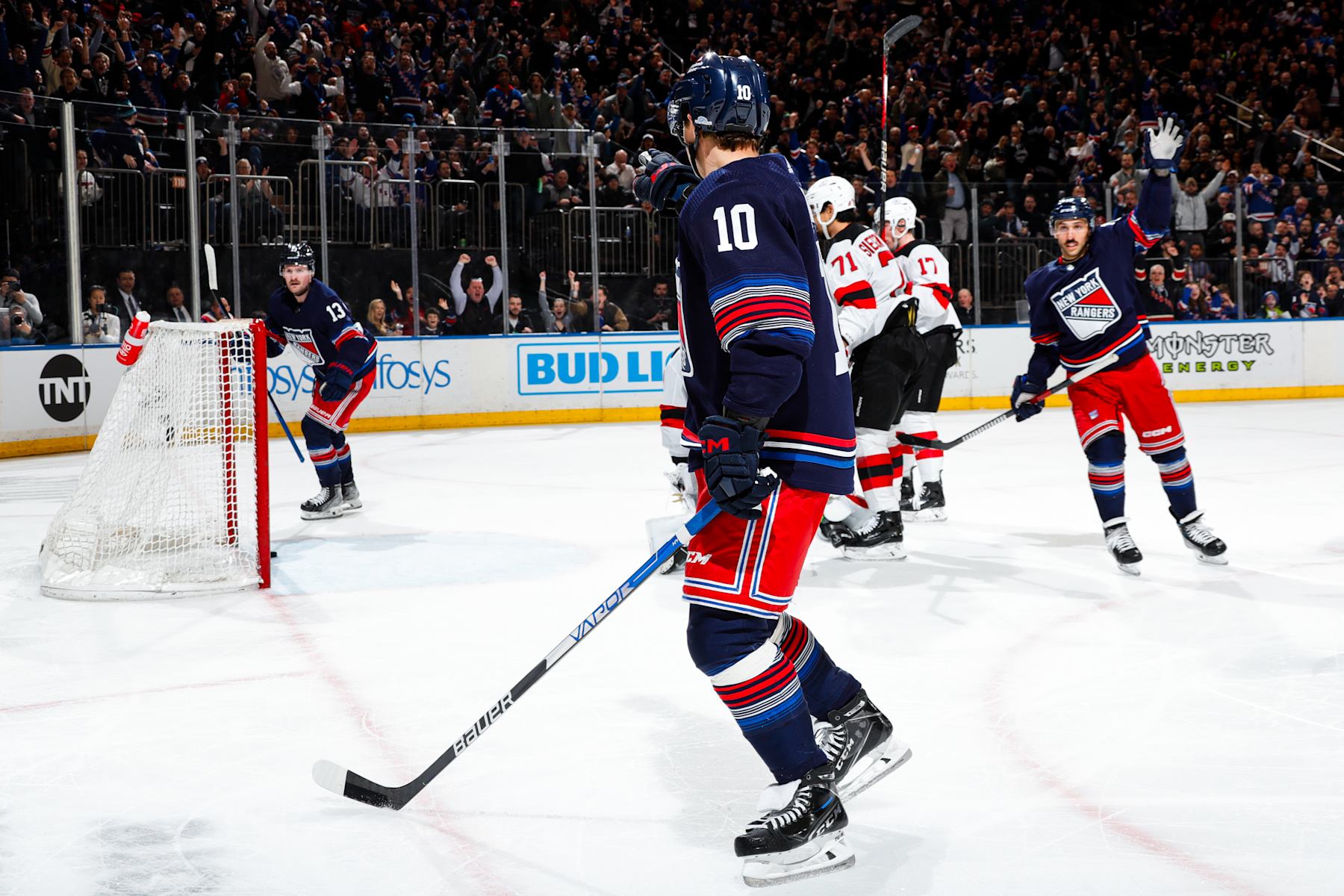 NEW YORK, NEW YORK - APRIL 03: Artemi Panarin #10 of the New York Rangers celebrates after scoring a goal in the first period against the New Jersey Devils at Madison Square Garden on April 3, 2024 in New York City. (Photo by Jared Silber/NHLI via Getty Images)