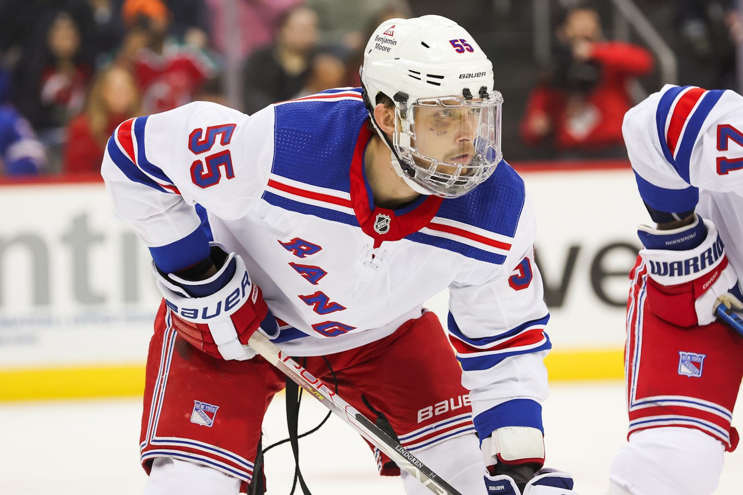 NEWARK, NJ - FEBRUARY 22: New York Rangers defenseman Ryan Lindgren (55) looks on during a game between the against the New York Rangers and New Jersey Devils on February 22, 2024 at Prudential Center in the Newark, New Jersey. (Photo by Andrew Mordzynski/Icon Sportswire via Getty Images)