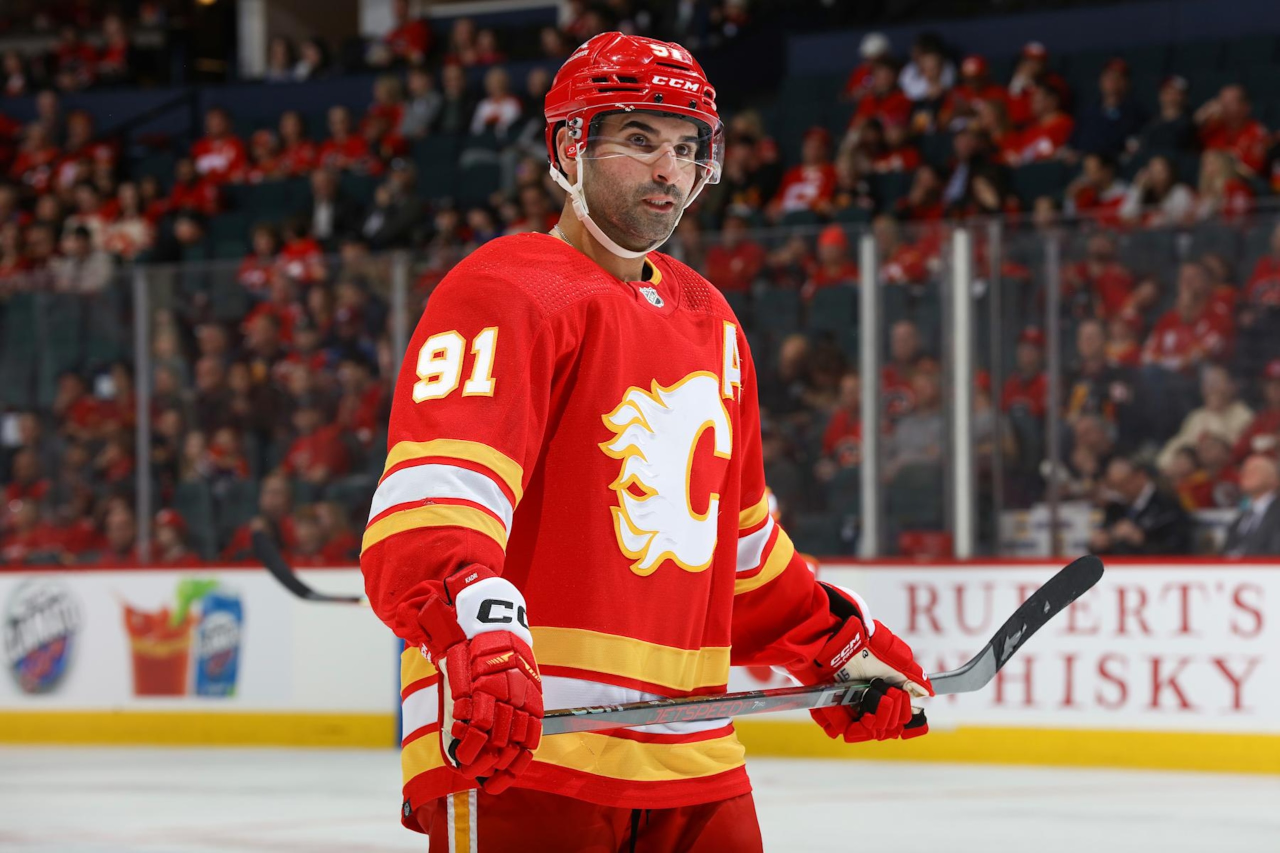 CALGARY, ALBERTA - APRIL 14: Nazem Kadri #91 of the Calgary Flames skates against the Arizona Coyotes at the Scotiabank Saddledome on April 14, 2024 in Calgary, Alberta. (Photo by Gerry Thomas/NHLI via Getty Images)