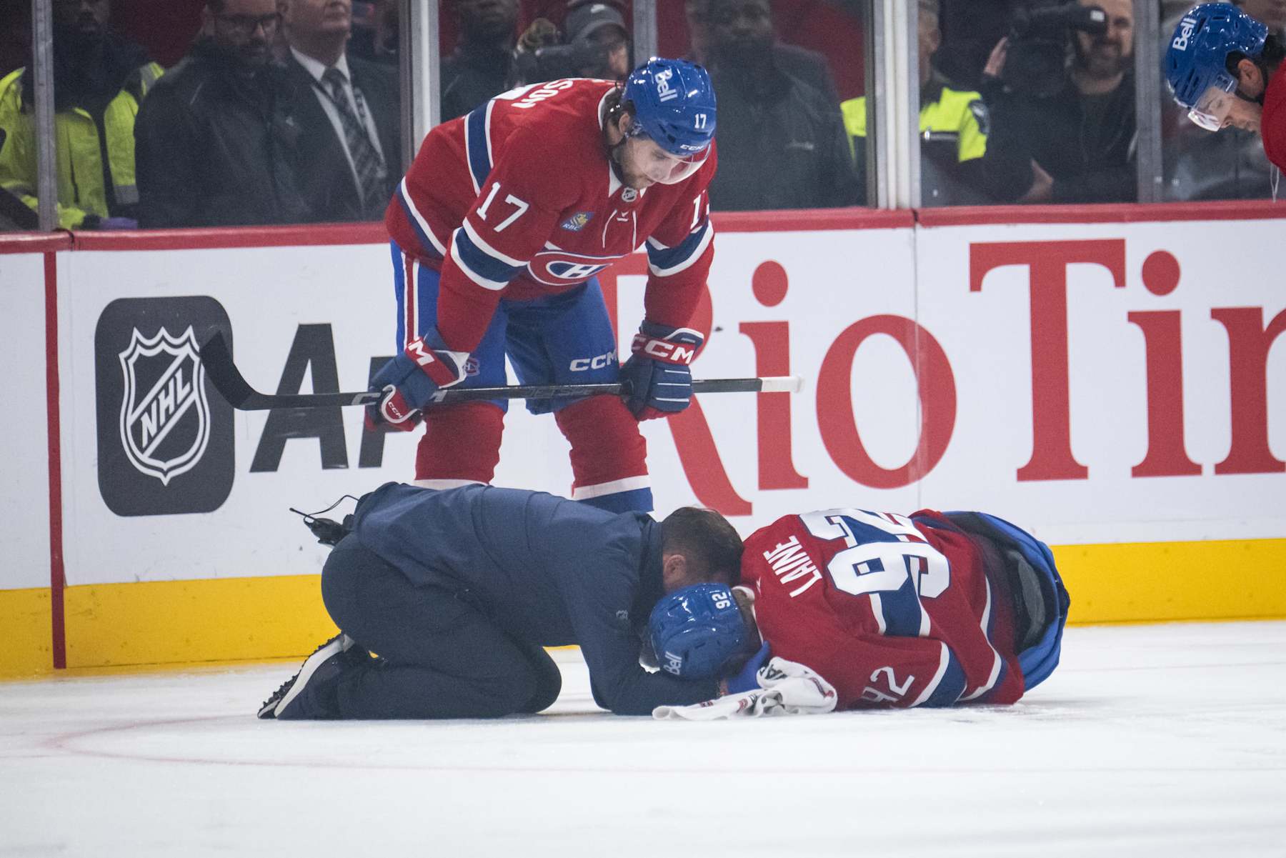 MONTREAL, QC - SEPTEMBER 28: Patrik Laine (92) of the Montreal Canadiens lays on the ice after being injured during the first period of the NHL pre-season game between the Toronto Maple Leafs and the Montreal Canadiens on Sept 28, 2024, at the Bell Centre in Montreal, QC(Photo by Vincent Ethier/Icon Sportswire via Getty Images)