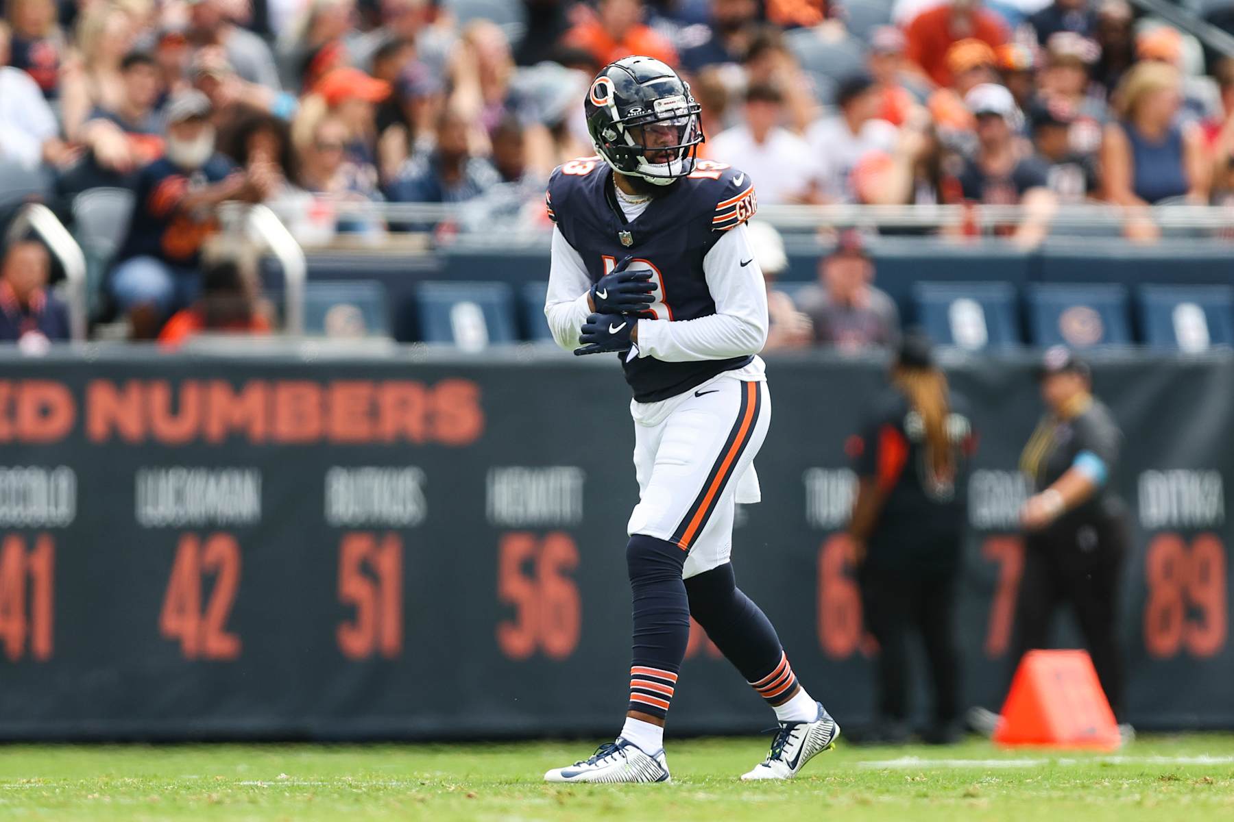CHICAGO, IL - AUGUST 17: Keenan Allen #13 of the Chicago Bears lines up before the snap during an NFL football game against the Cincinnati Bengals at Solider Field on August 17, 2024 in Chicago, Illinois. (Photo by Perry Knotts/Getty Images)