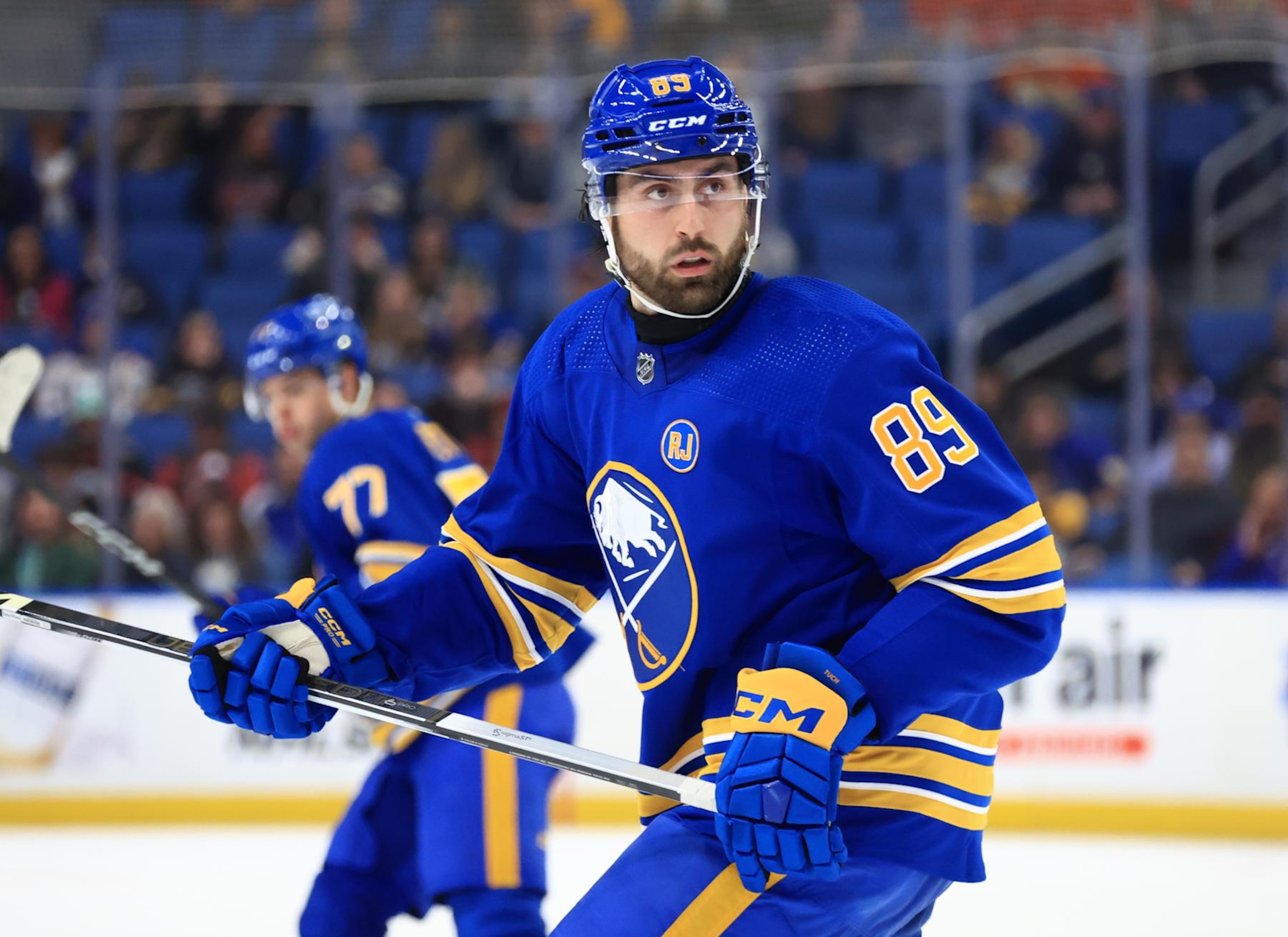 BUFFALO, NEW YORK - MARCH 27: Alex Tuch #89 of the Buffalo Sabres skates against the Ottawa Senators during an NHL game on March 27, 2024 at KeyBank Center in Buffalo, New York. (Photo by Bill Wippert/NHLI via Getty Images)