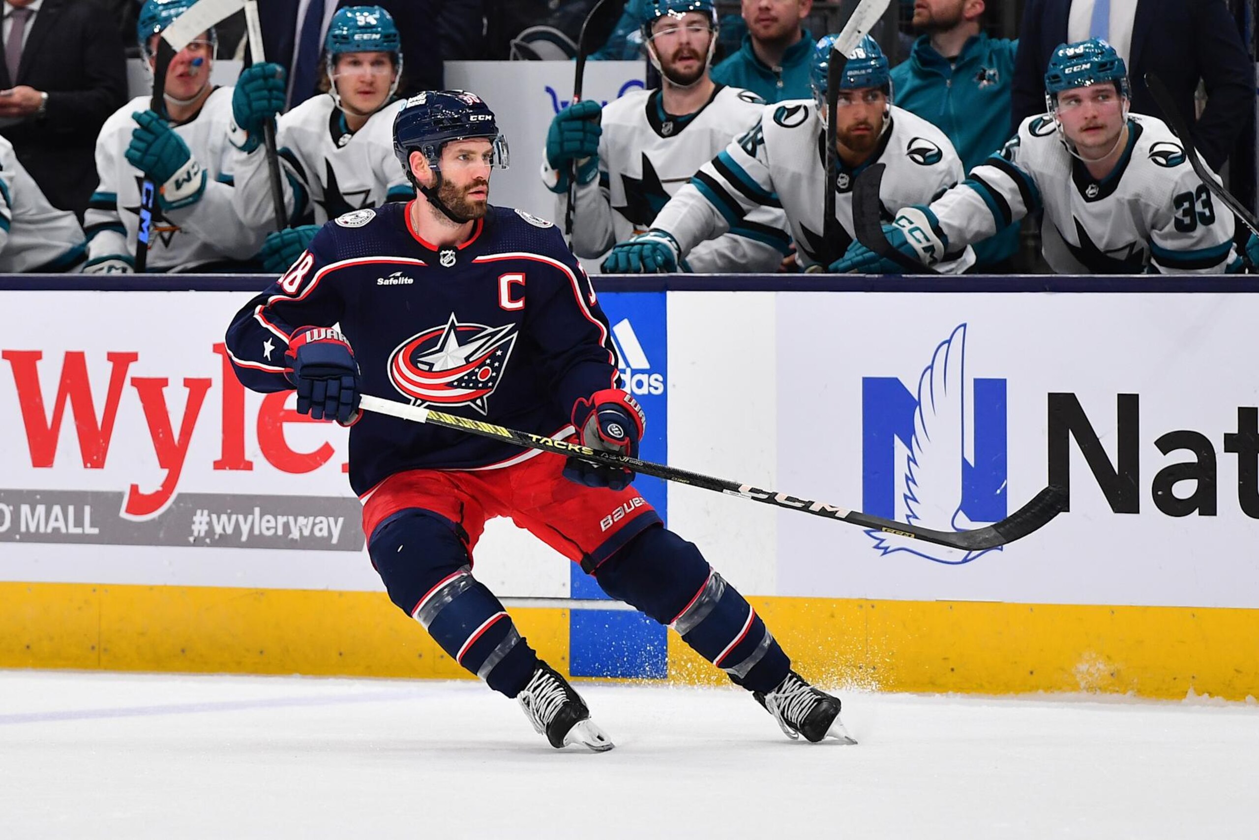 COLUMBUS, OHIO - MARCH 16: Boone Jenner #38 of the Columbus Blue Jackets skates during the first period of a game against the San Jose Sharks at Nationwide Arena on March 16, 2024 in Columbus, Ohio. (Photo by Ben Jackson/NHLI via Getty Images)