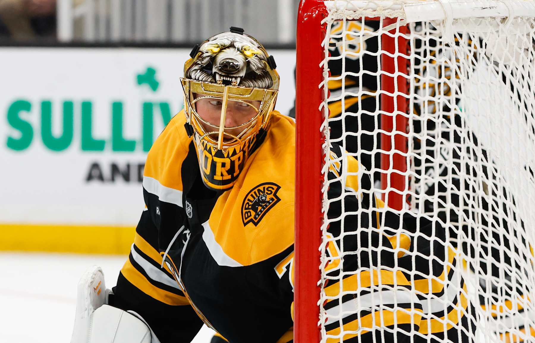 BOSTON, MASSACHUSETTS - SEPTEMBER 24: Joonas Korpisalo #70 of the Boston Bruins tends goal against the Washington Capitals during the second period of a preseason game at the TD Garden on September 24, 2024 in Boston, Massachusetts. The Bruins won 4-2. (Photo by Richard T Gagnon/Getty Images)