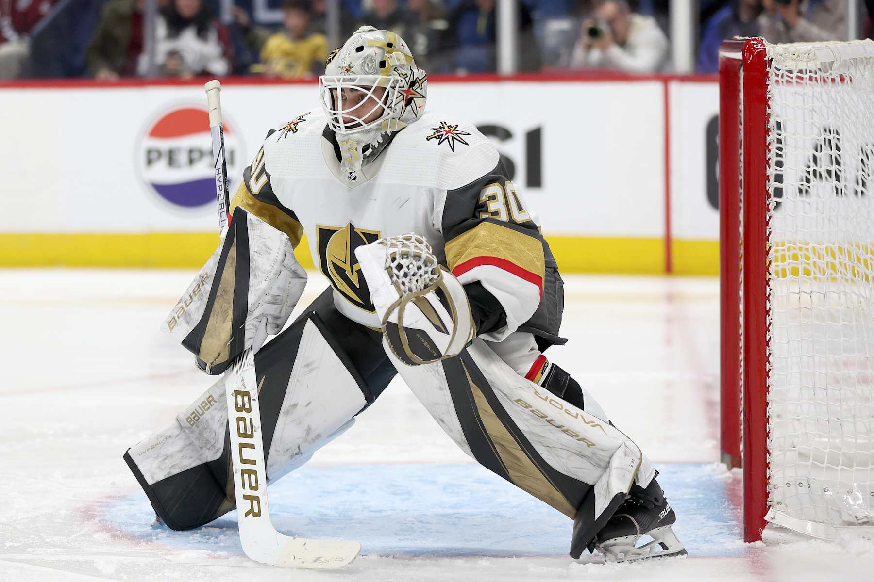 DENVER, COLORADO - JANUARY 10: Jiri Patera #30 of the Vegas Golden Knights tends goal against the Colorado Avalanche in the second period at Ball Arena on January 10, 2024 in Denver, Colorado. (Photo by Matthew Stockman/Getty Images)